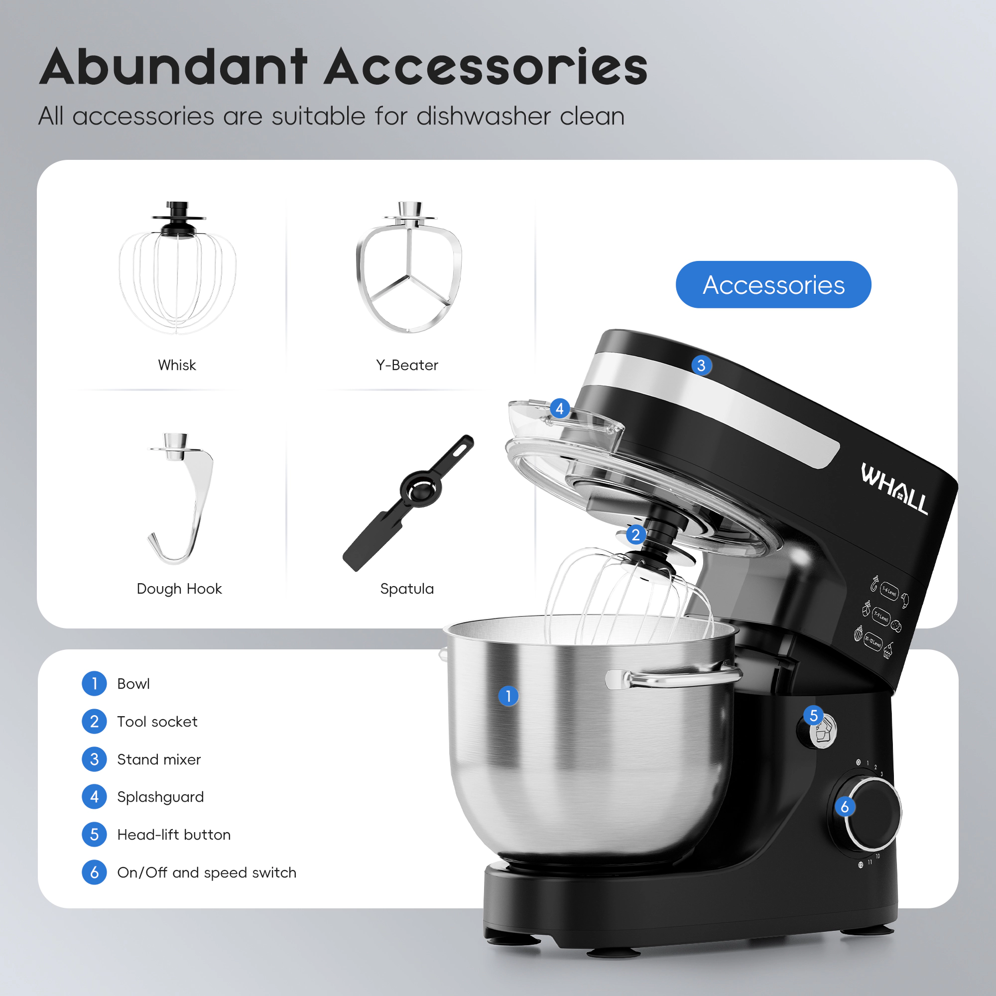 WHALL - Stand Mixer 5.5Qt Tilt Head Electric Kitchen Mixer with Dough Hook/Wire Whip/Beater, Stainless Steel Bowl