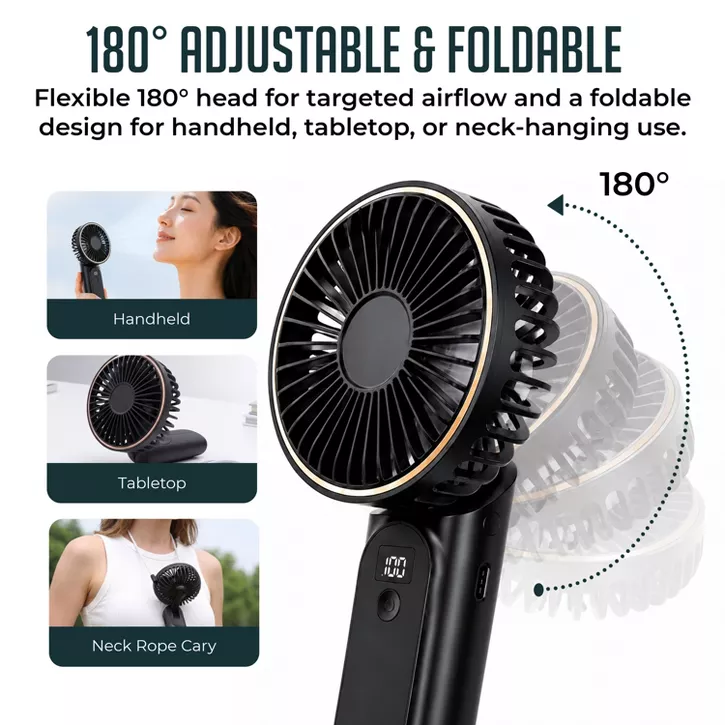 Luminuxe Portable Handheld Fan, USB Rechargeable Foldable Fan w/ 4000mAh Battery, Ultra Quiet 6-Speed Wind LED Display