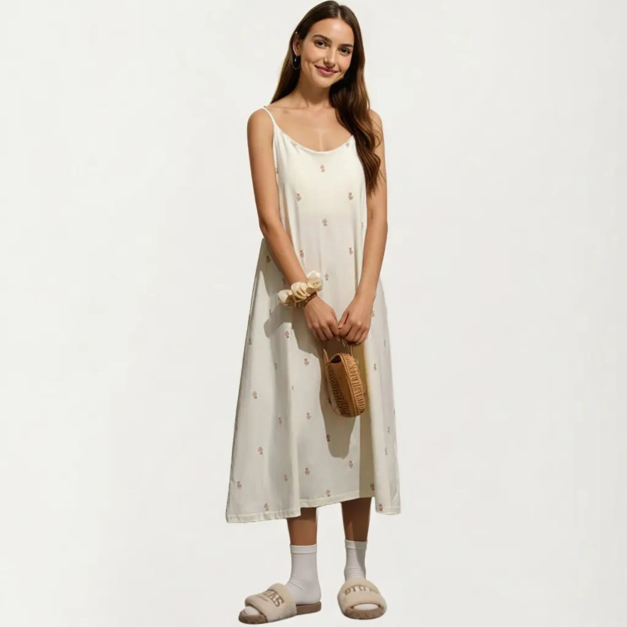 Anna-Kaci Women's Sleeveless Pajama Dress with Spaghetti Straps Loose Fit Midi Sleepwear Nightgown Allover Print