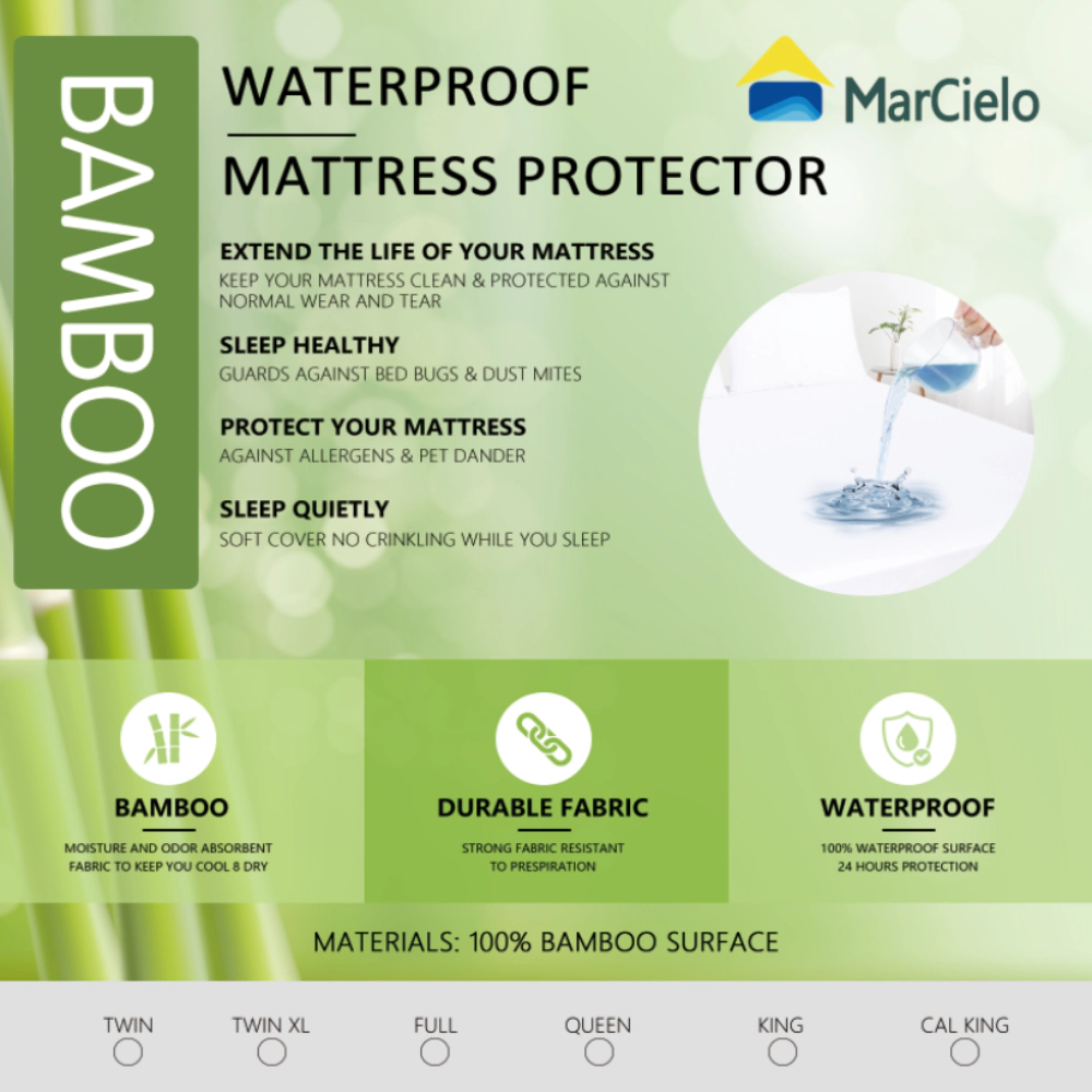 MarCielo Cooling Waterproof Mattress Protector - Premium Soft Breathable Viscose Fitted Bed Cover