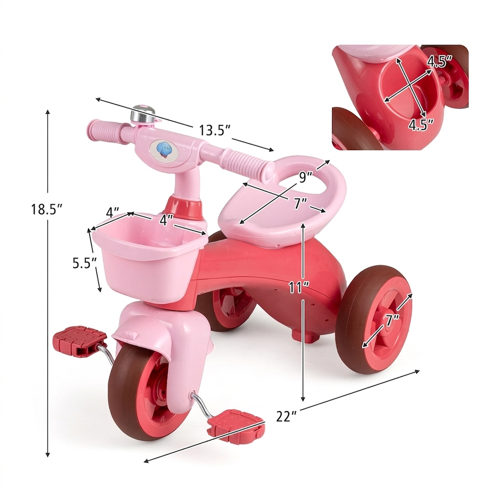 SUGIFT Limited-Steering Toddler Tricycle Ride-On Car with Front & Rear Baskets & Bell 55-lb Capacity Ages 3-5 Pink Green