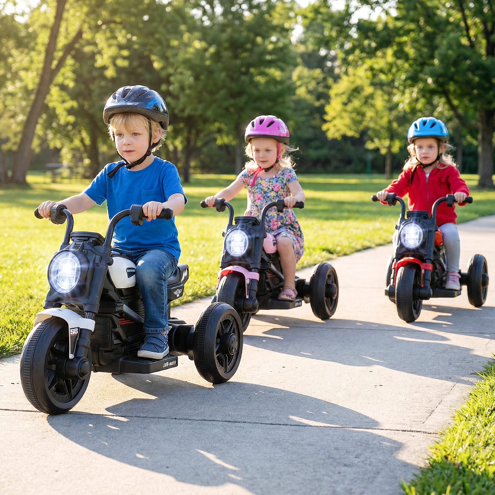 6V Kids Electric Motorcycle 3-Wheel Stable Frame LED Headlight Battery Display 10 Songs USB Audio Input Ages 3-5 White