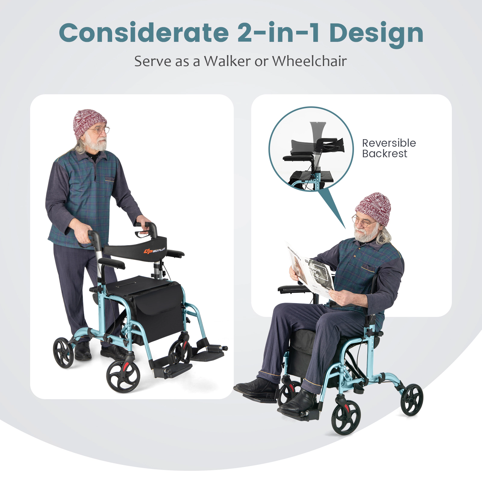 SUGIFT Navy 2-in-1 Rollator Walker and Transport Chair with Footrests 40.5-in W 25-in D 300-lb Seat Capacity