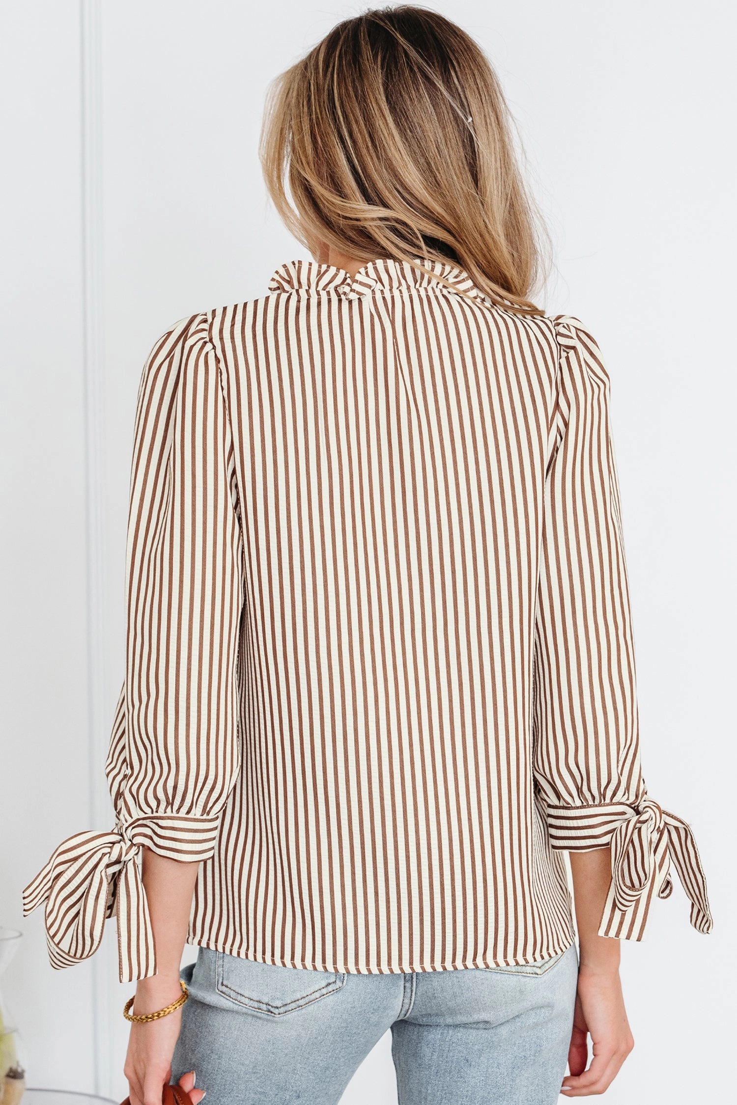 Threaded Pear Women's Blair Tied Cuffs Seersucker Blouse