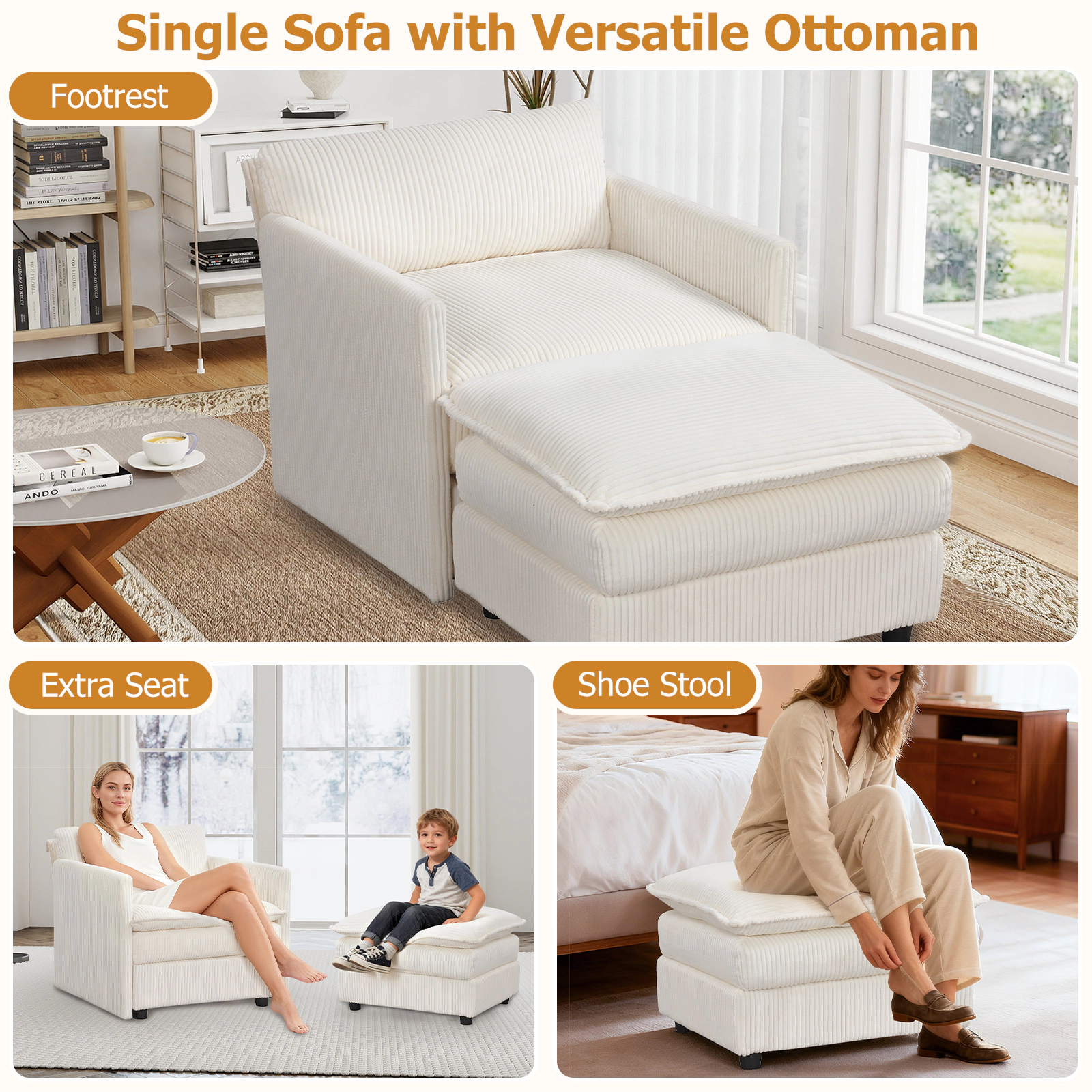 Hivvago Plush Corduroy Oversized Armchair with Matching Ottoman