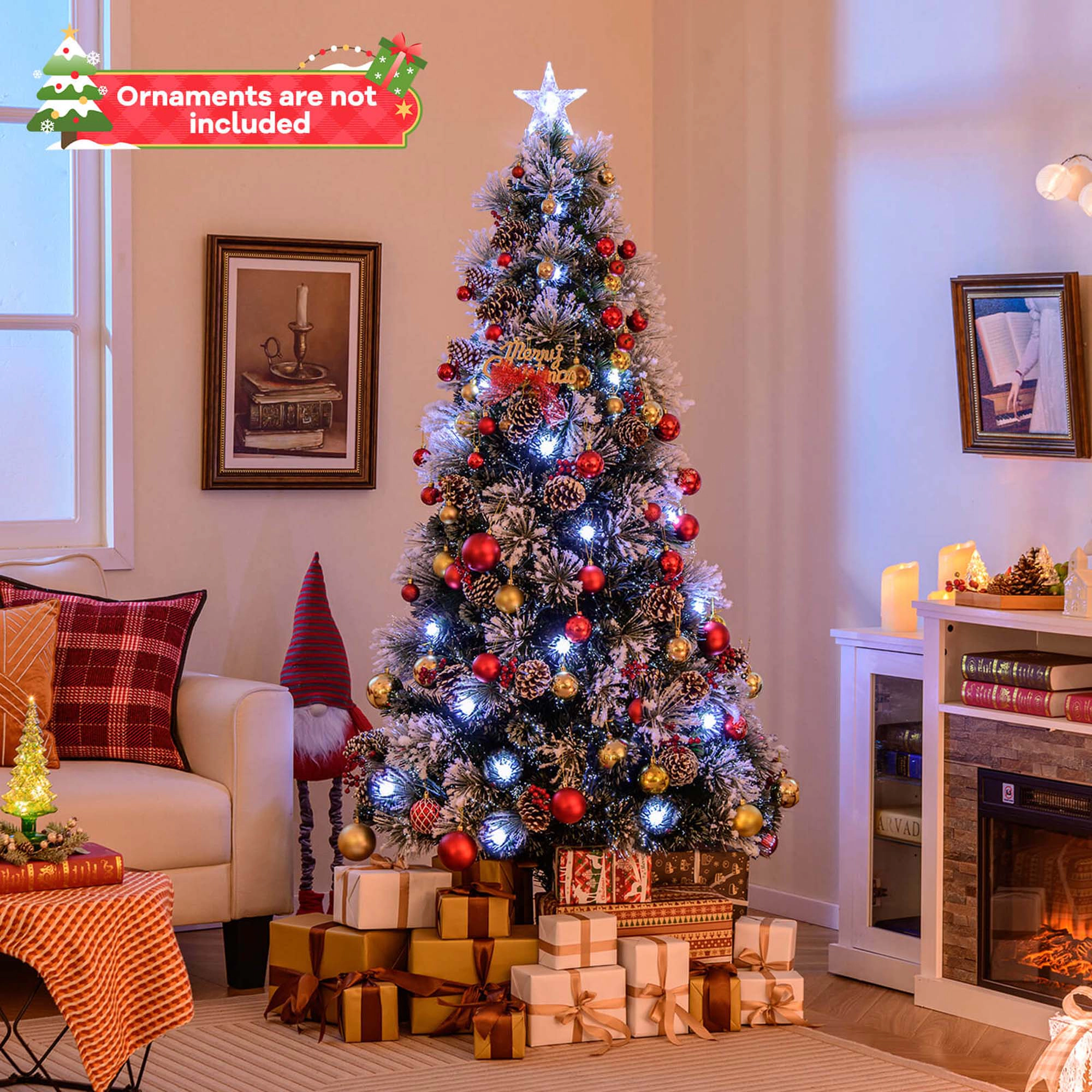 Costway 6 FT Flocked Christmas Tree Artificial Xmas Tree with 220 Branch Tips &Pine Needles