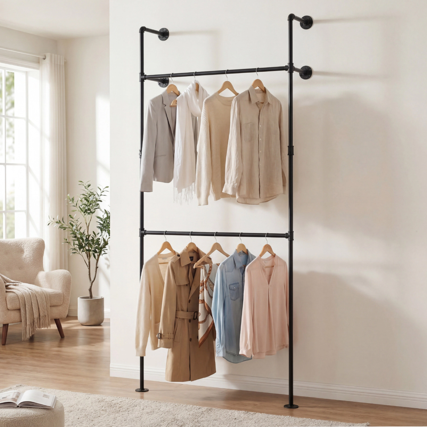 SUGIFT Double-Tier Wall Mounted Pipe Clothing Rack with 2 Hanging Rods 45-lb Rod Capacity Frame Black