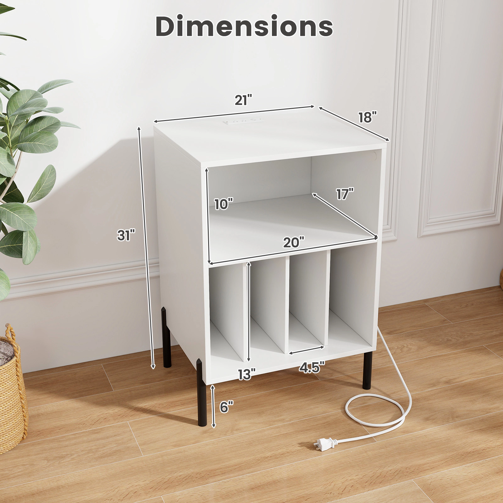 SUGIFT Record Player Stand Accent Table Storage Shelf & Charging Station 110-lb Countertop Capacity 150 Vinyl Record