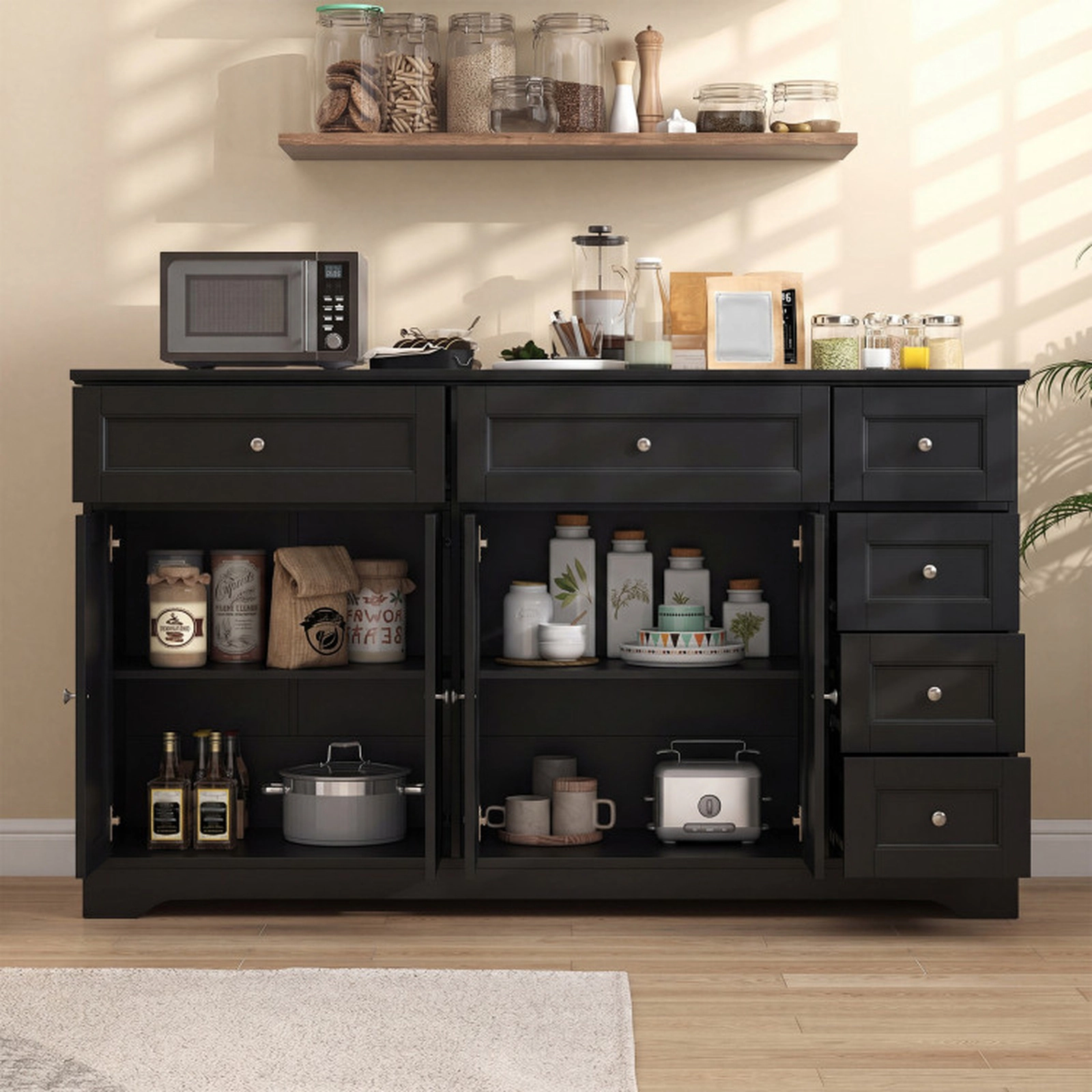 SUGIFT 6-Drawer 2 Cabinets Coffee Bar Station Buffet Sideboard 59-in x 16-in x 34-in 220-lb Capacity Black