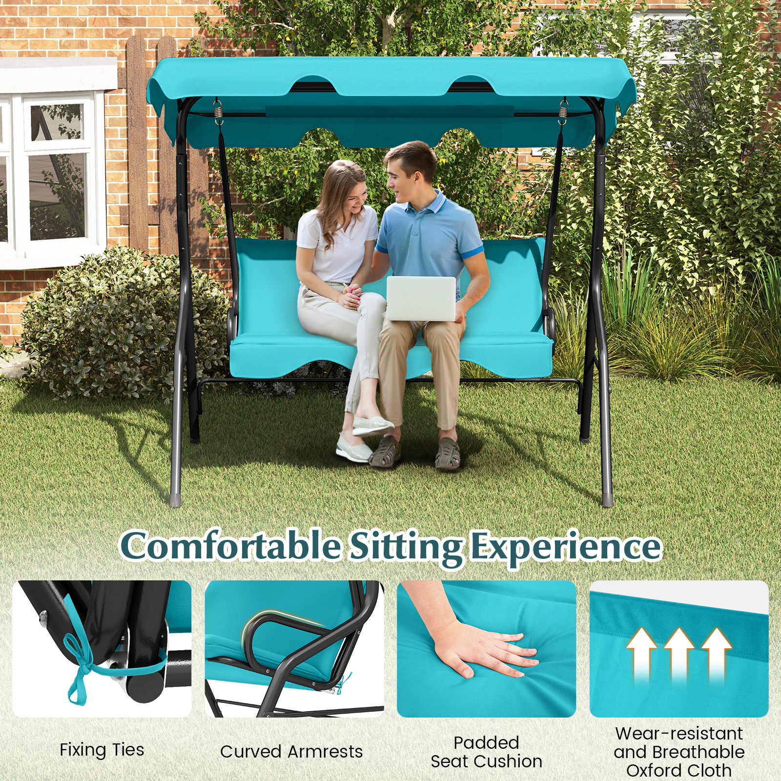 SUGIFT Turquoise 3-Seat Outdoor Canopy Swing, 440-Lb Capacity, Steel Frame