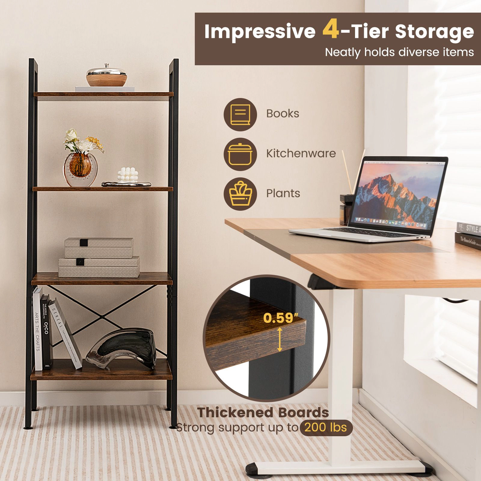 SlickBlue Modern 4-Tier Storage Shelf with Metal Frame and Wood