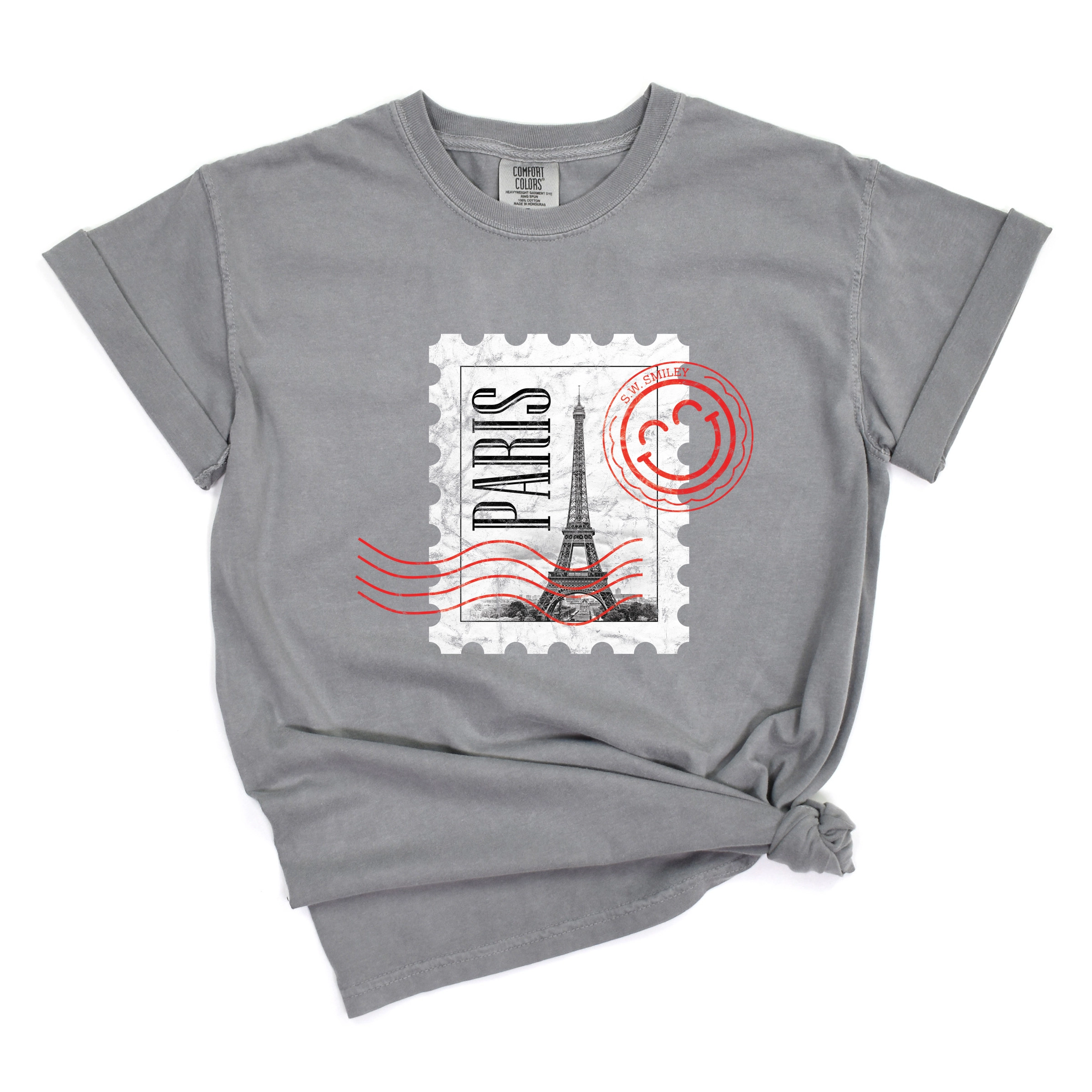 Simply Sage Market - Women's Garment Dyed Graphic T-Shirt S.W.Smiley Eiffel Tower Stamp
