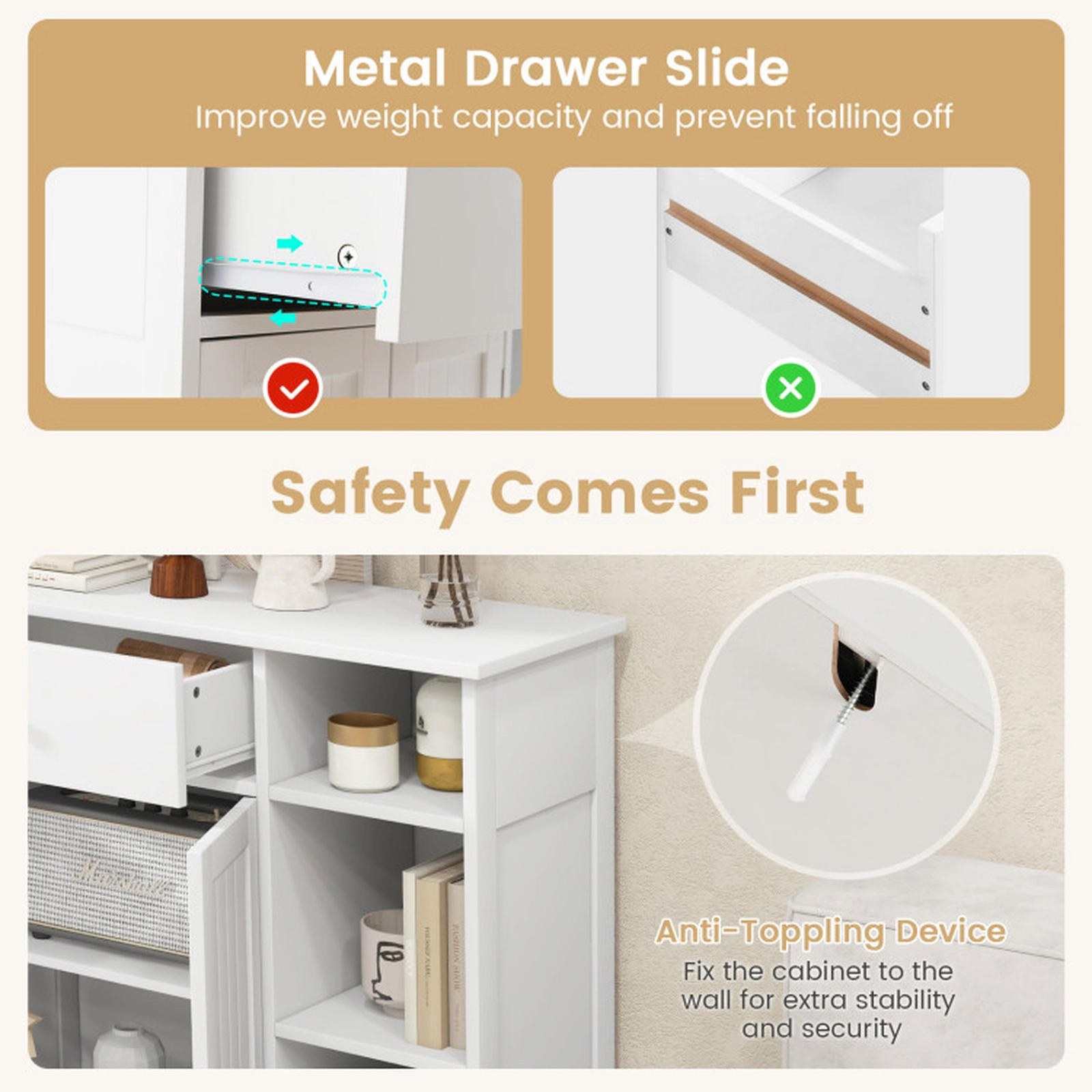 SUGIFT Drawer 3 Open Compartments 2-Tier Bathroom Floor Storage Cabinet 29.5-in x 12-in x 31.5-in 250-lb Capacity White