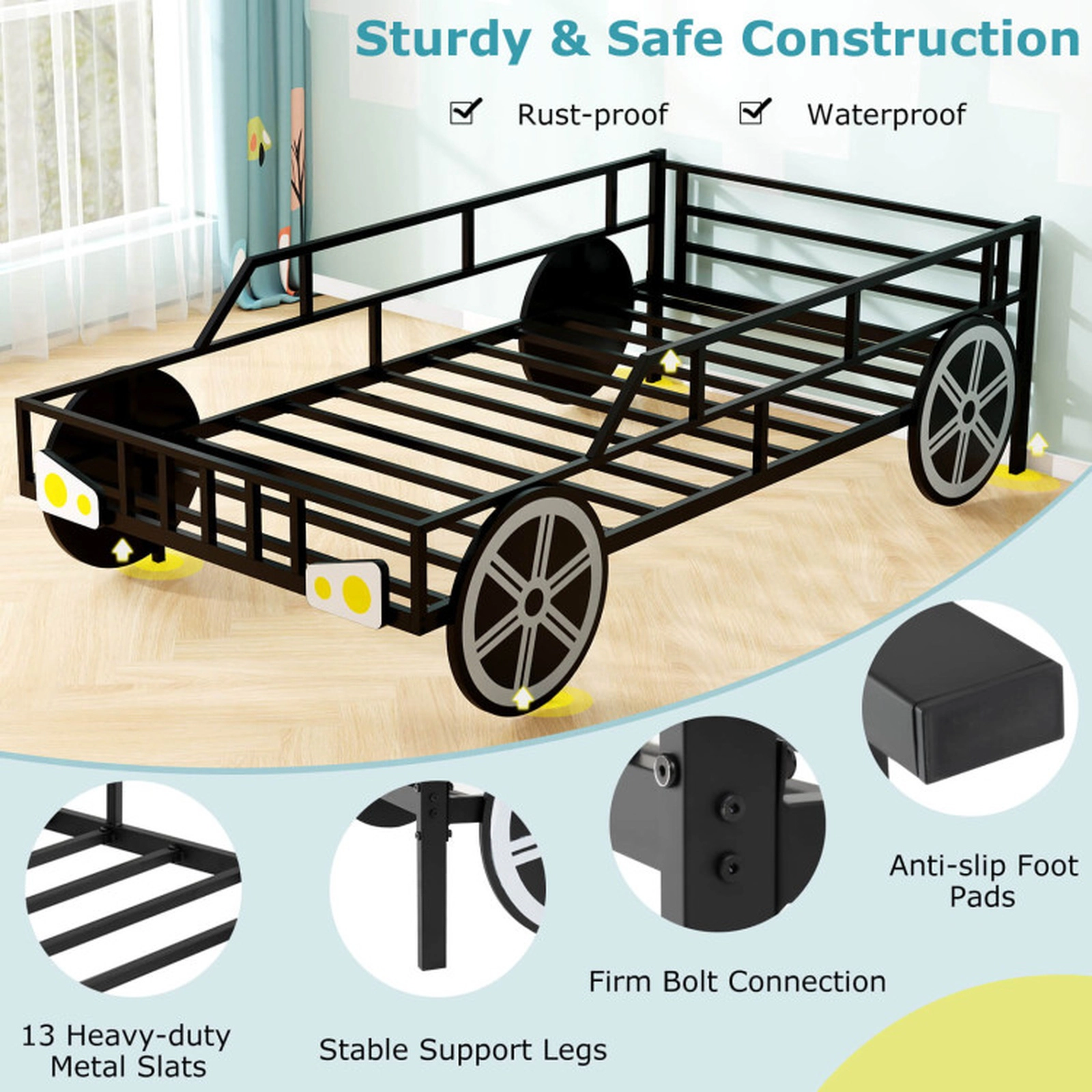 SUGIFT Car-Shaped Kids Metal Toddler Bed Frame Twin-Size 12-in Guardrails 485-lb Capacity 77-in Length 2-Piece Set Black