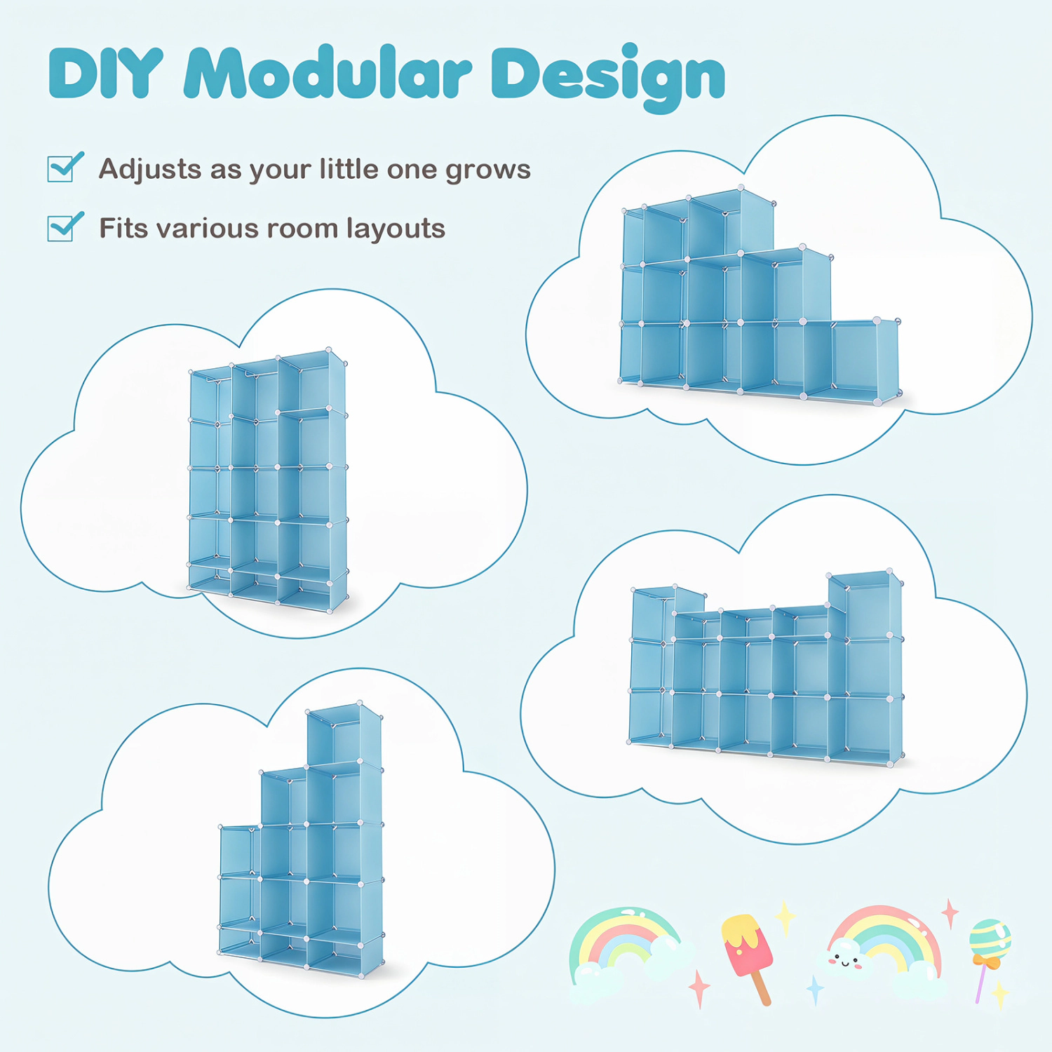 Hivvago Modular Baby Wardrobe with 13 Cubes and Hanging Rod Shelves Stackable