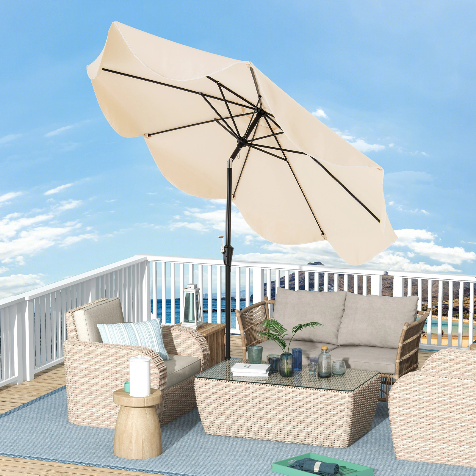 SUGIFT Crank Handle Patio Umbrella with Push Button Tilt 9-ft Canopy Beige