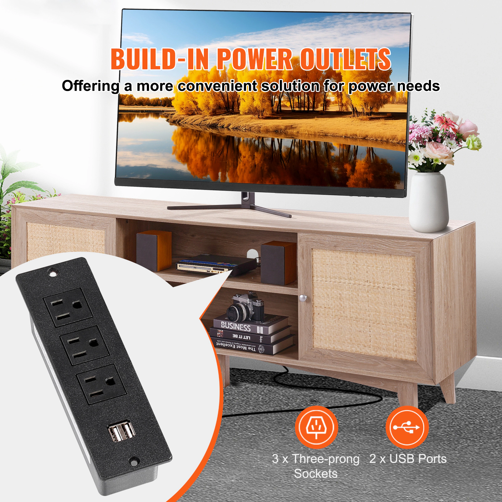 HONGGE Rattan TV Stand for TV Boho TV Stand with Rattan with Build-in Socket Modern TV for Living Room Media Room