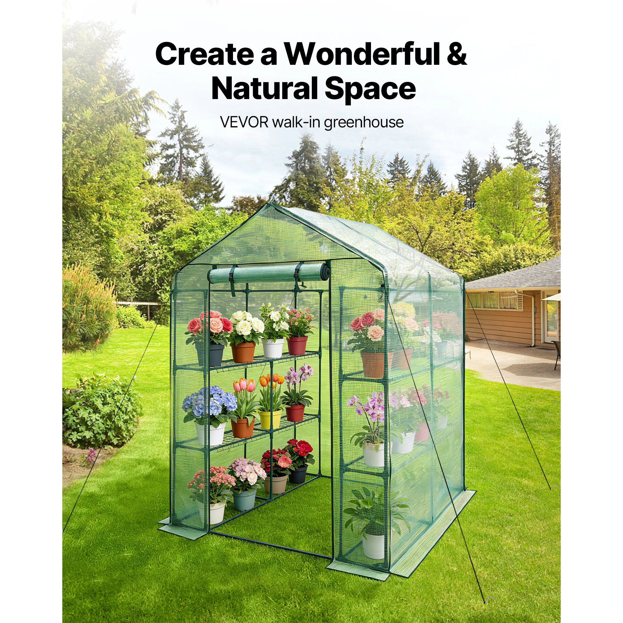 HONGGE Walk-In Greenhouse, 55.5 x 56.1 x 78.7 in, Steel Frame with 8 Shelves & Roll-Up Zipper Door PE Cover
