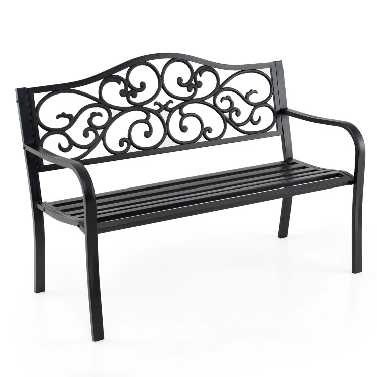 Hivvago 50 Inches Outdoor Cast Iron Metal Patio Bench With Floral Design Backrest And Slatted Seat