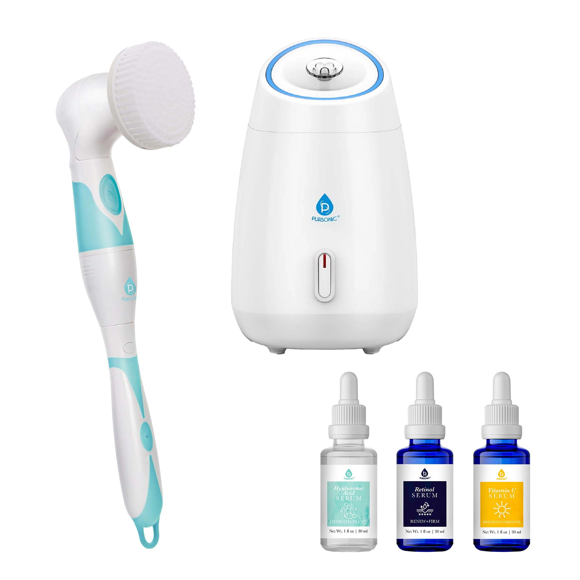 Pursonic Women's Complete Spa Skincare Bundle with Facial Steamer, Cleansing Brush & Anti-Aging Serum Set