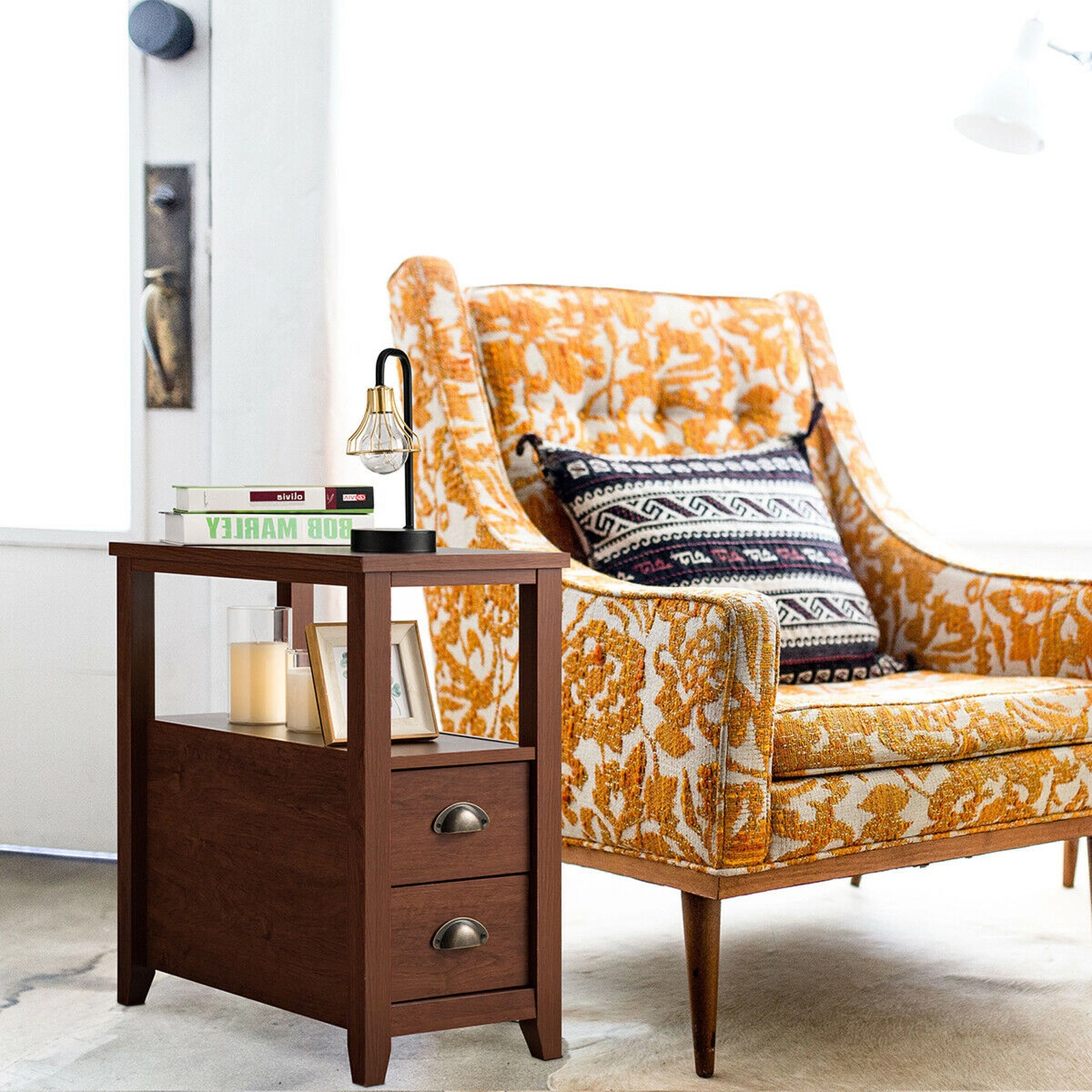 SUGIFT Set of 2 Brown Narrow End Tables with Drawer and Open Shelf