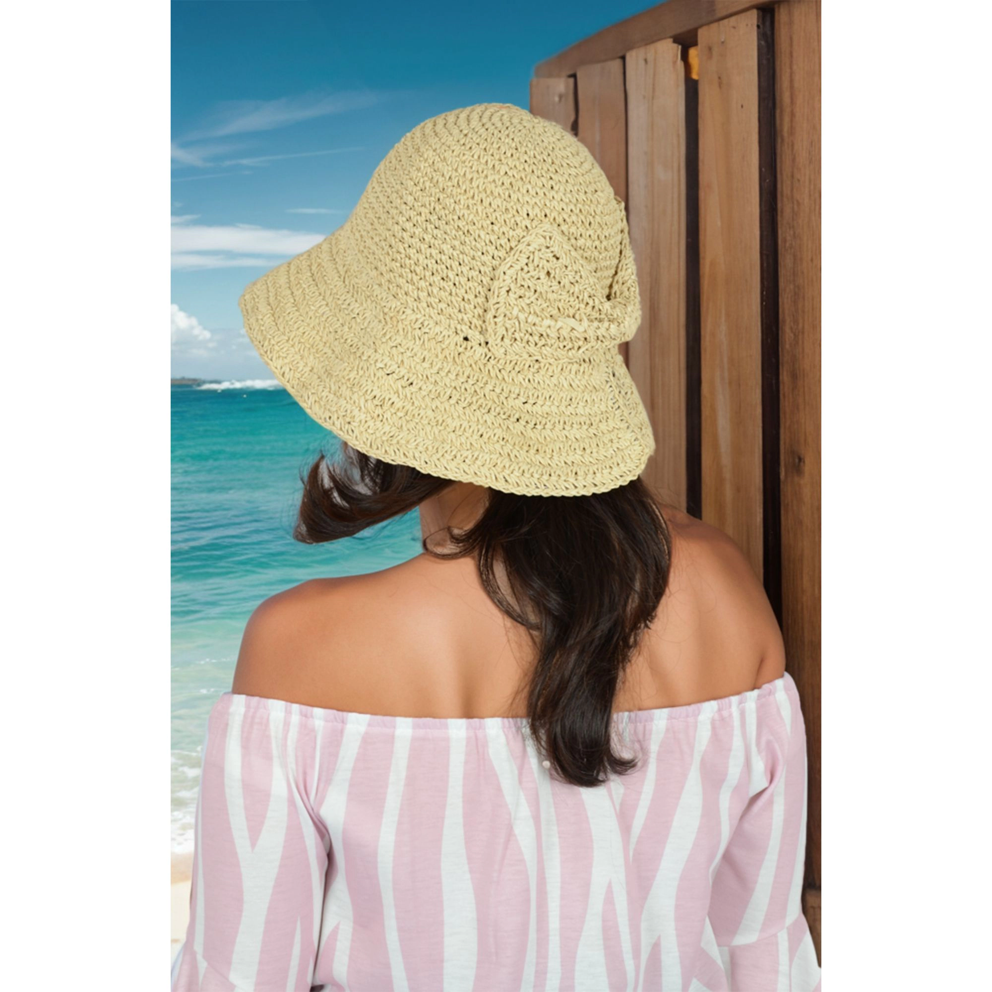 Anna-Kaci Women's Crochet Raffia Sun Hat with Wide Brim and Bow Detail Foldable Summer Beach