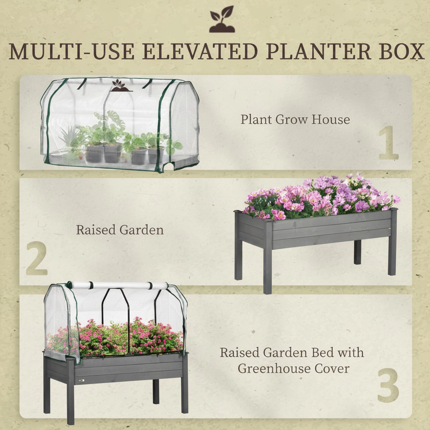 HONGGE Raised Garden Bed with PE Greenhouse Cover Outdoor Planter Box for Herbs and Vegetables Dark Gray