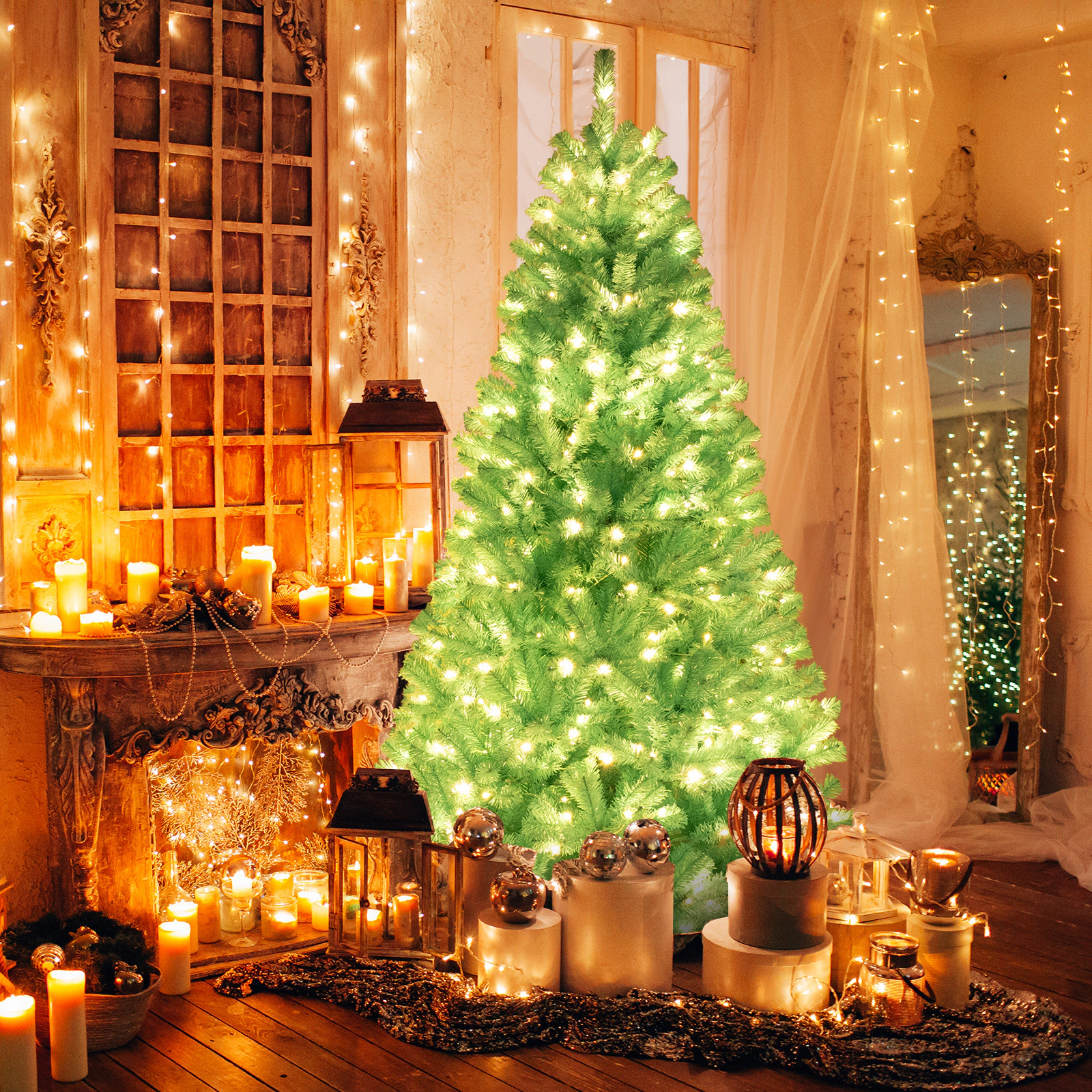 SUGIFT 7-ft Blue Pre-Lit Artificial Christmas Tree with 1040 Branch Tips and 380 Warm White LED Lights
