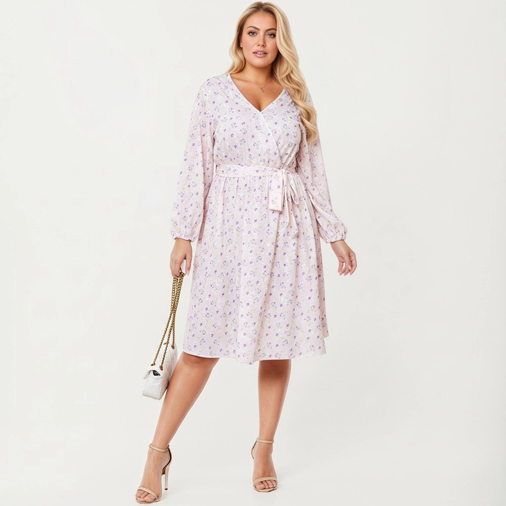 Anna-Kaci Women's Plus Floral Print Long Sleeve Wrap V Neck Adjustable Waist Tie Midi Dress