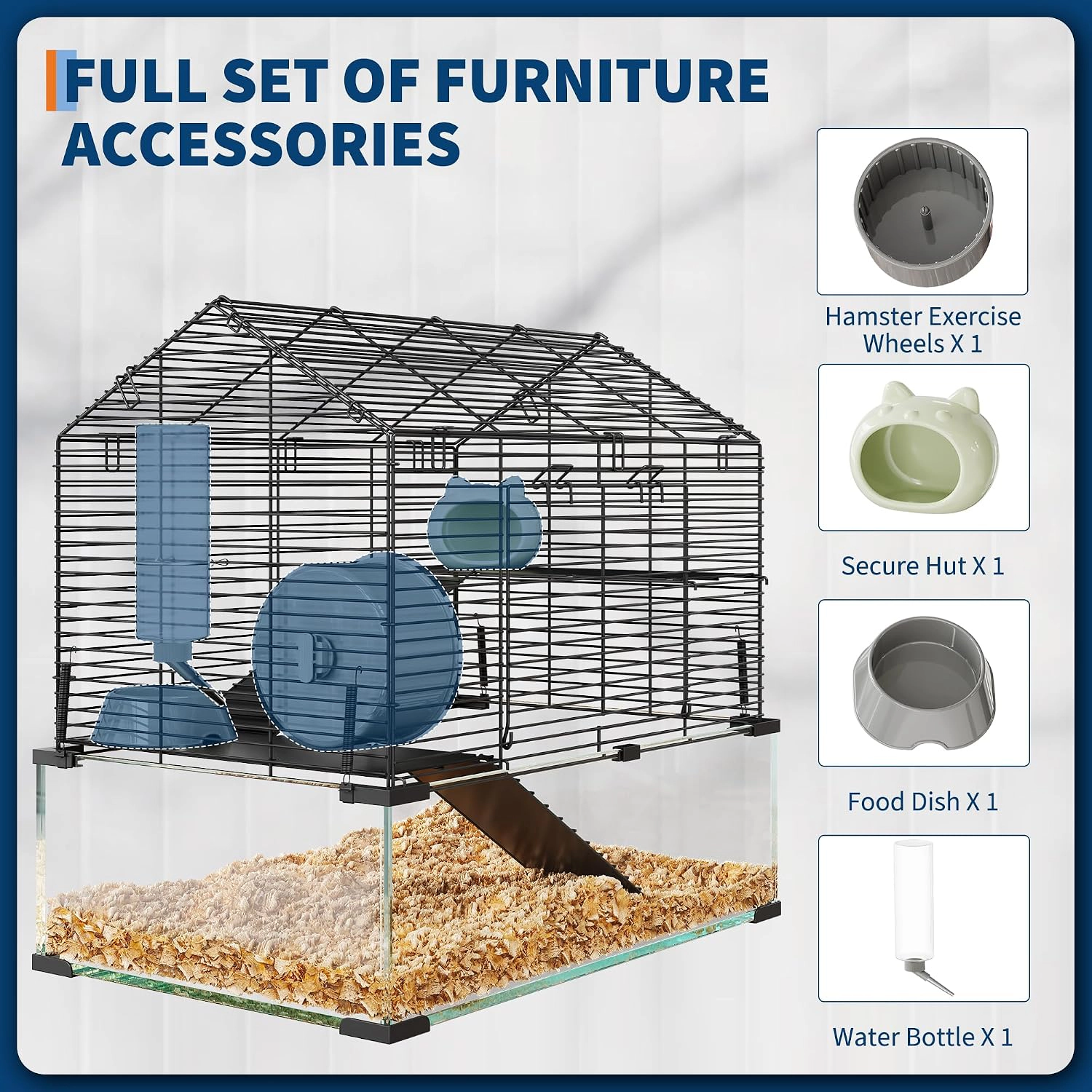 58x54x38cm Glass-Metal Hamster Gerbil Cage, 360 View Small Animal Habitat with Full Accessories