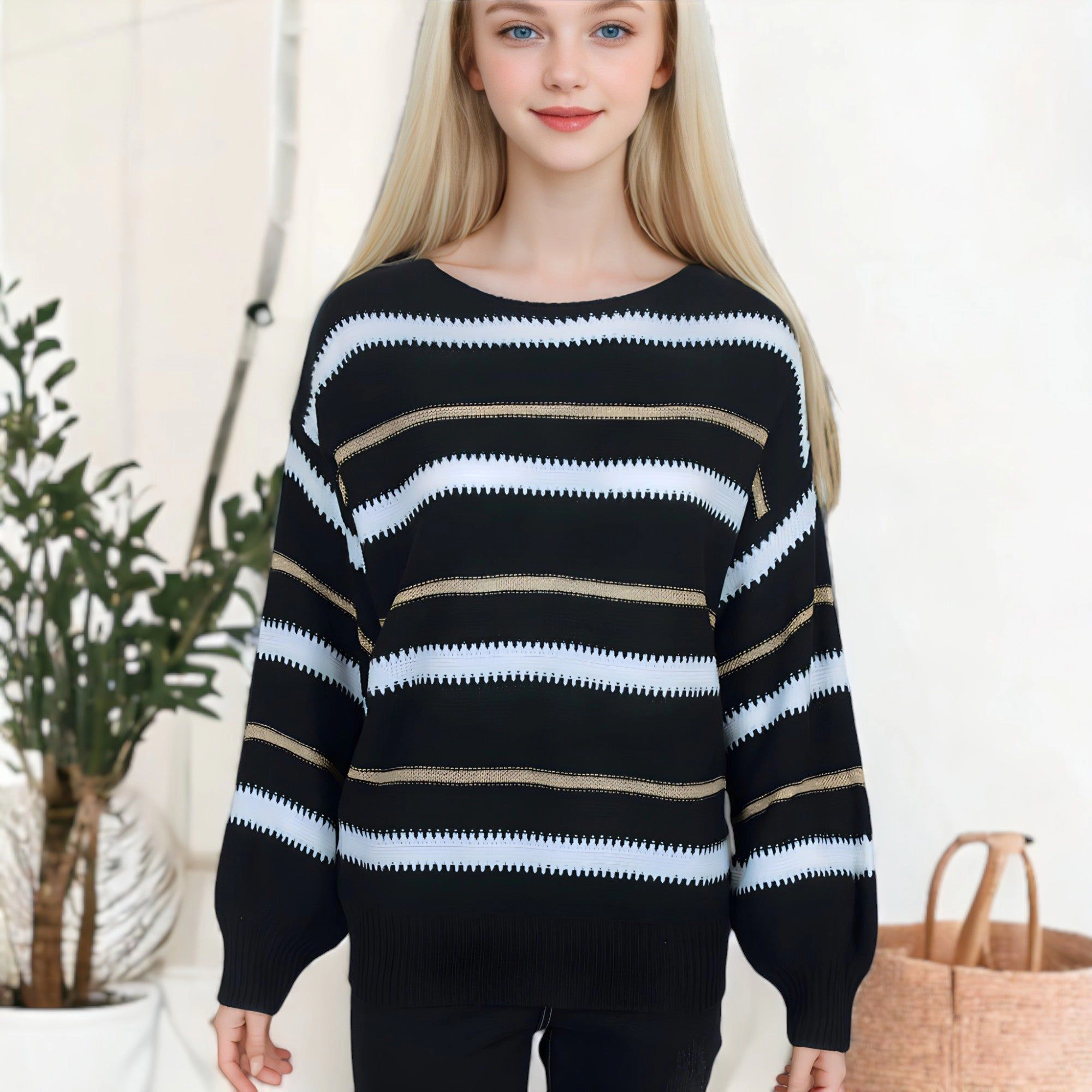 Anna-Kaci Women's Sweaters Long Sleeve Crew Striped Oversized Knitted Pullover Tops for Everyday Wear