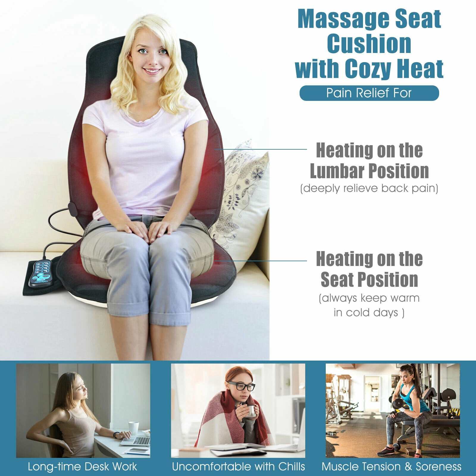 SUGIFT Heated Seat Cushion Massager with 6 Vibration Motors and 5 Modes Black