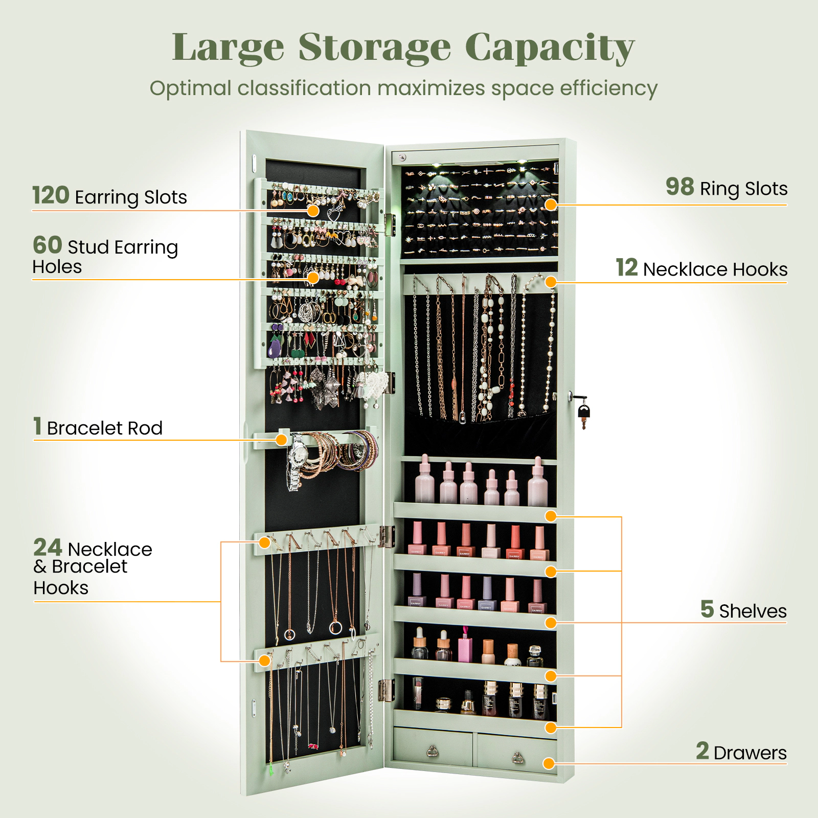 SUGIFT White Wall and Door Mounted Jewelry Armoire with LED Lights 6 Shelves 4-in D 54.5-in H