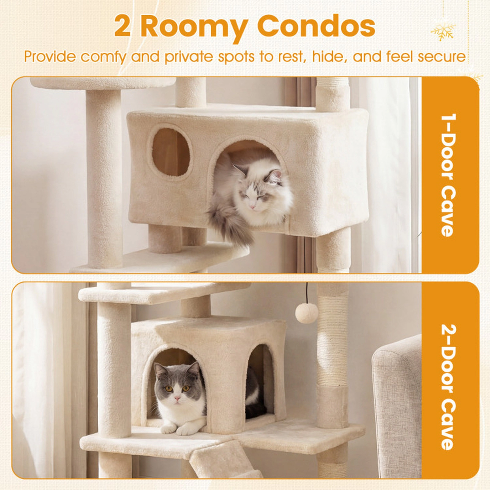 SUGIFT 52-in Beige Cat Tree Tower with 19-in 2-Door Cave 1-Door Cave Base Ladder and Sisal Posts