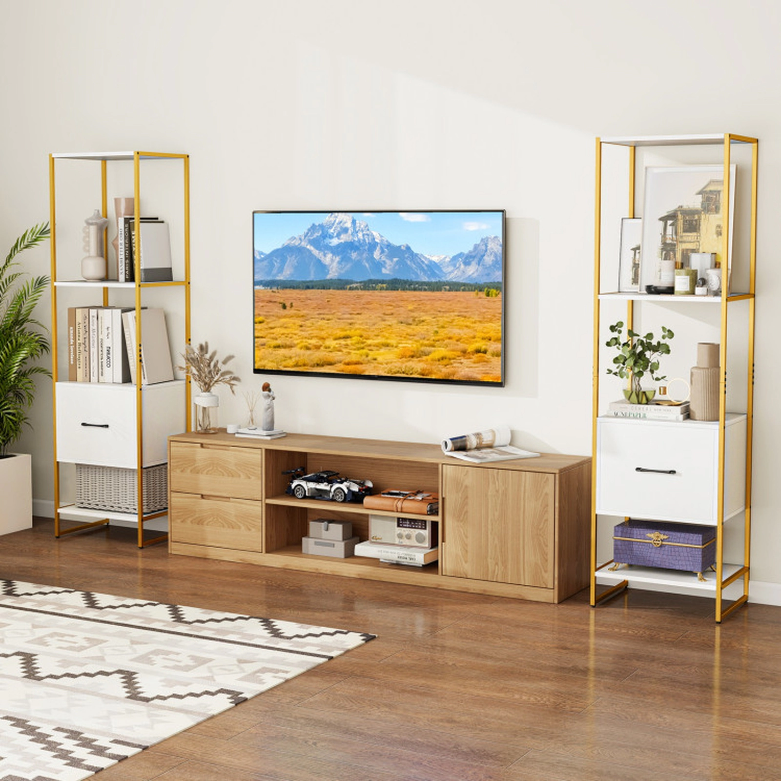 SUGIFT White 5-Tier Narrow Bookcase 62.5 in with 4 Open Shelves and Storage Drawer
