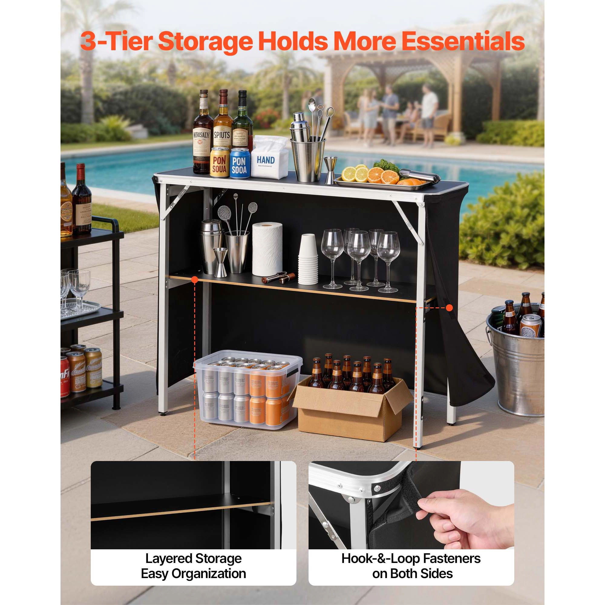HONGGE 43.3-In Folding Portable Bar Table with Storage Shelf & Detachable Skirt