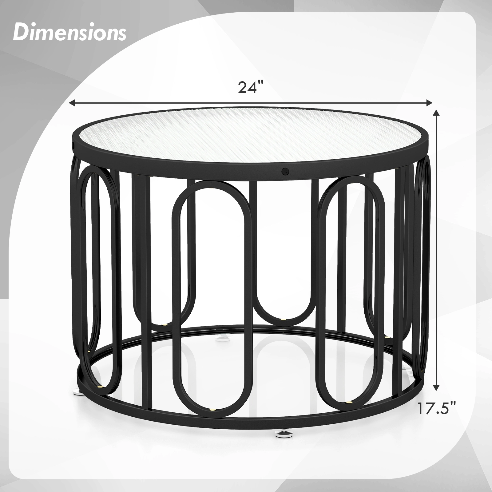 SUGIFT 24-in Round 100-lb Capacity Black Coffee Table with Reeded Tempered Glass Top and Swivel Brackets