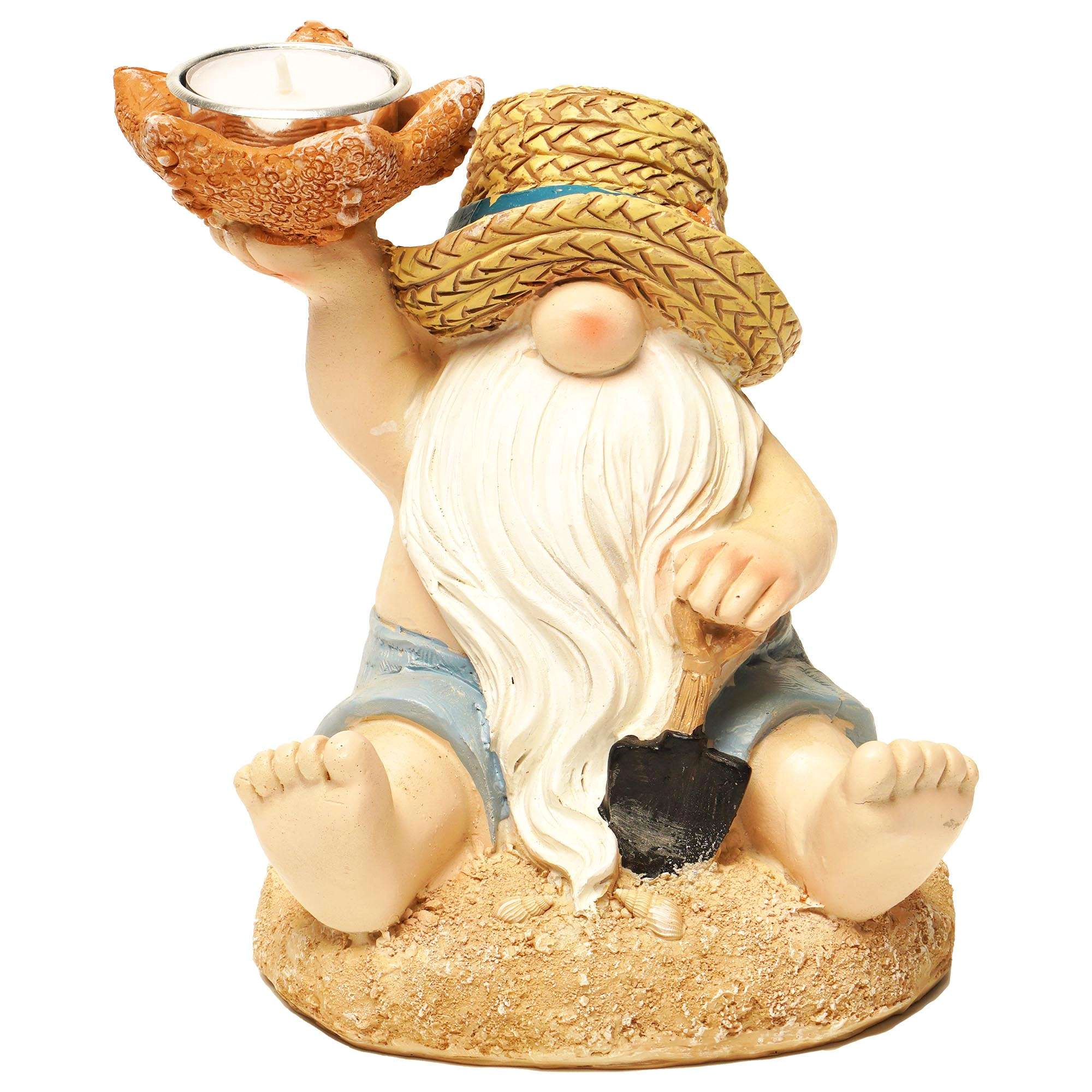 G128 Beach Gnome Figurine, 7-Inch Coastal Gnome with Starfish Candlestick & Shovel