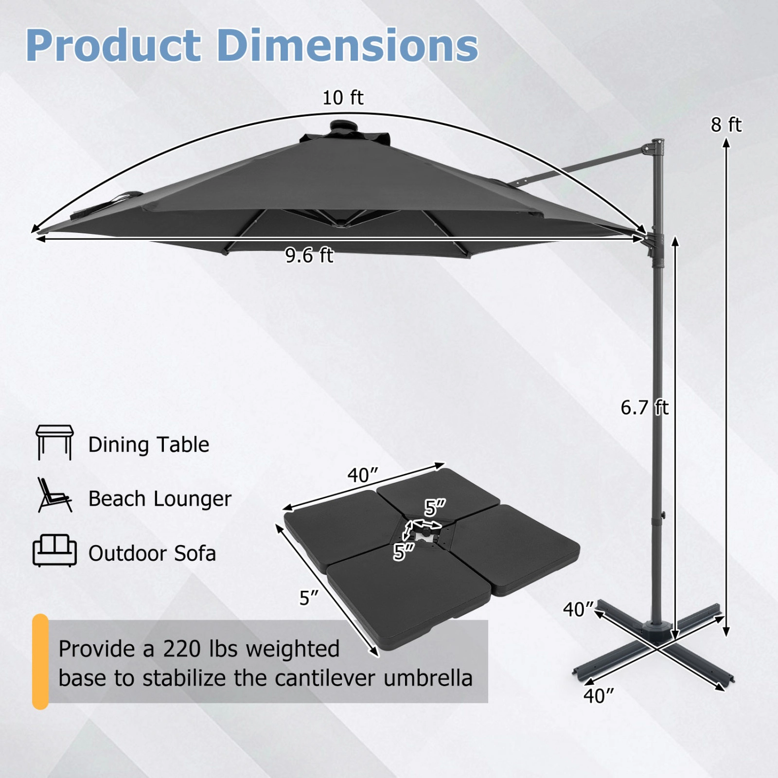SUGIFT 10 ft Cantilever Patio Umbrella with Solar LED Lights and Foot Pedal Rotation
