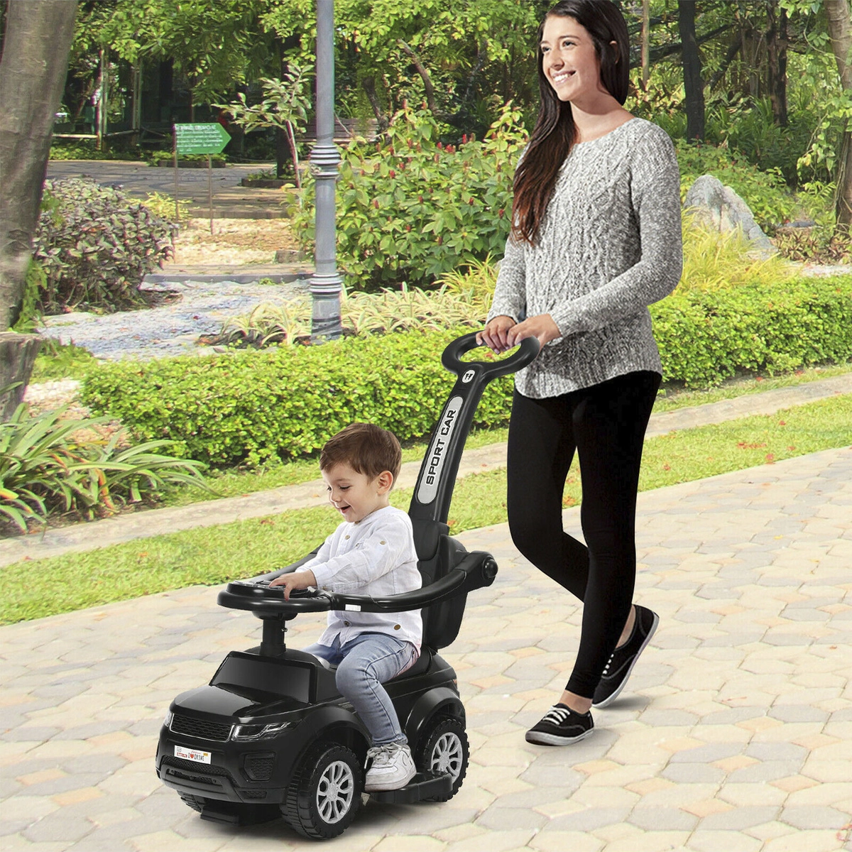 SUGIFT 3-in-1 Ride-On Push Car Toddler Stroller Sliding Car 55-lb Capacity Ages 12-36 Months with Music Black