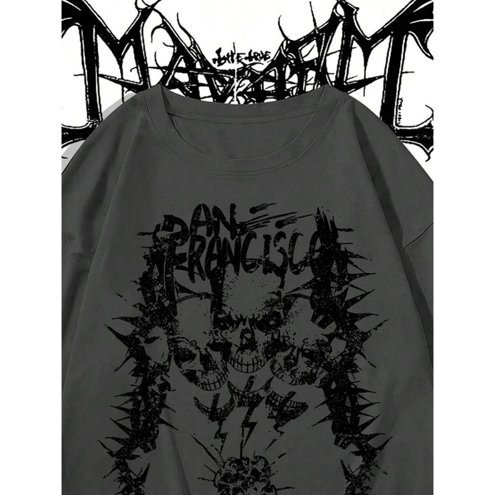 Enigma Meadows Casual Skull and Letter Print Colorblock Mock Layer T-Shirt