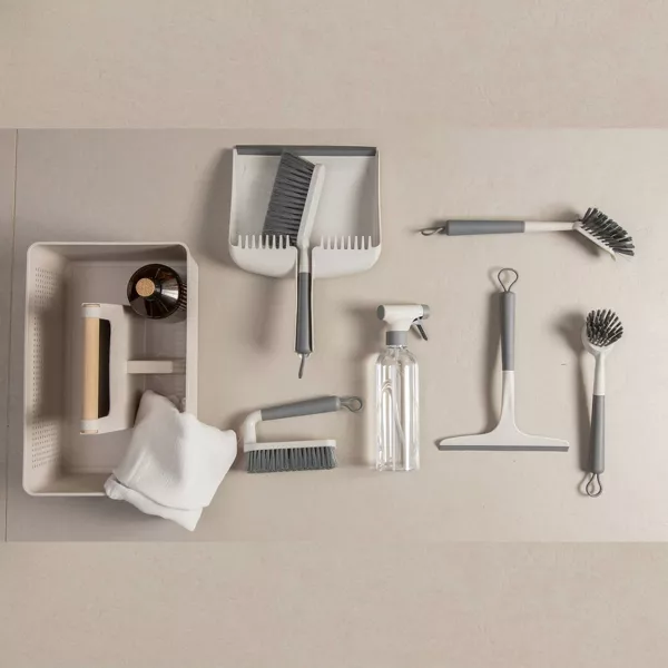 OU 8-Piece Home Cleaning Tools Set- Silicone Squeegee, Scrub Brushes Spray Bottle & Organizer Caddy for Bathroom Kitchen
