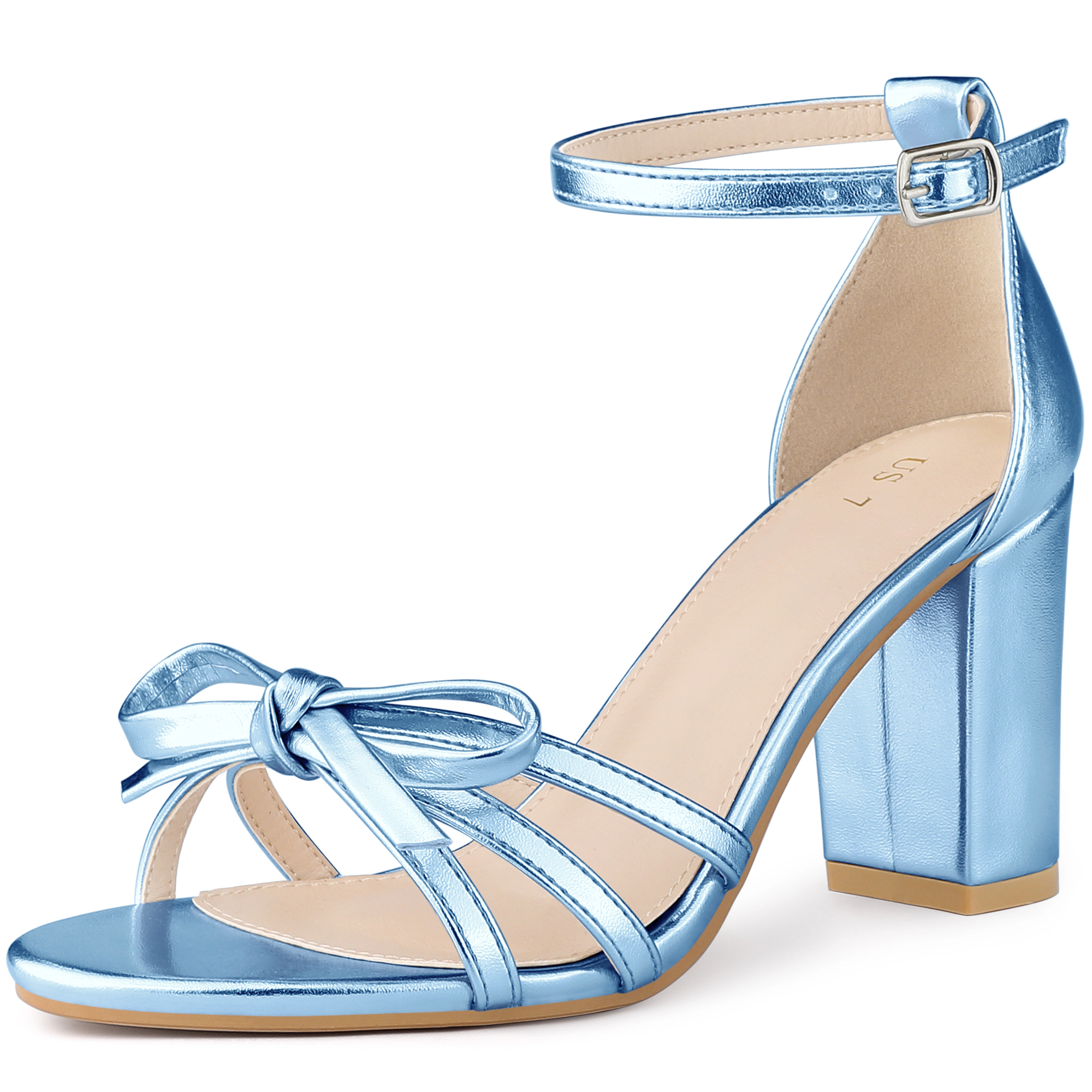 BLISSFUL STEP Women's Bow Decor Open Toe Ankle Strap Chunky Heel Dress Sandals