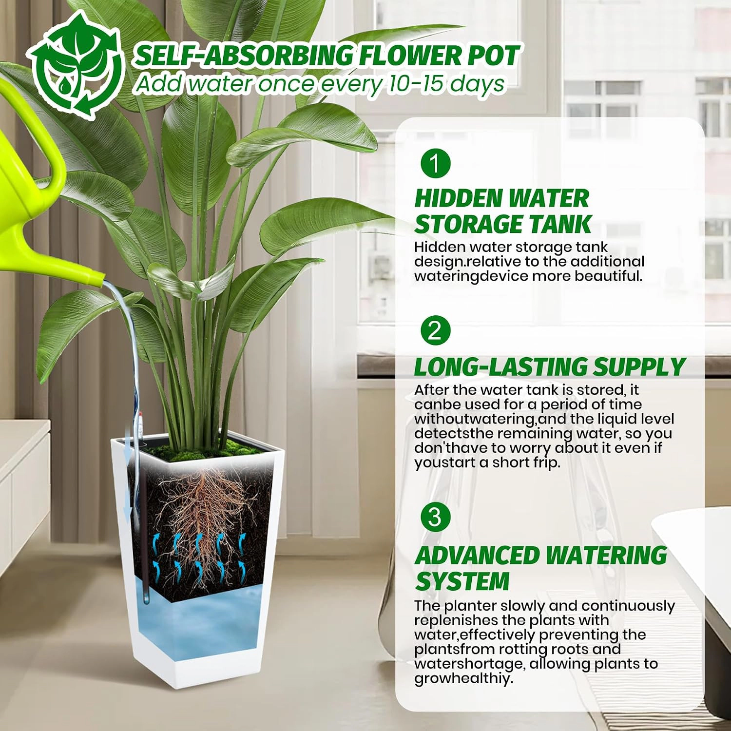 Set of 2 Planters 16" Tall, Self-Watering with Drainage & Water Level Monitor, Wheels, Indoor Outdoor