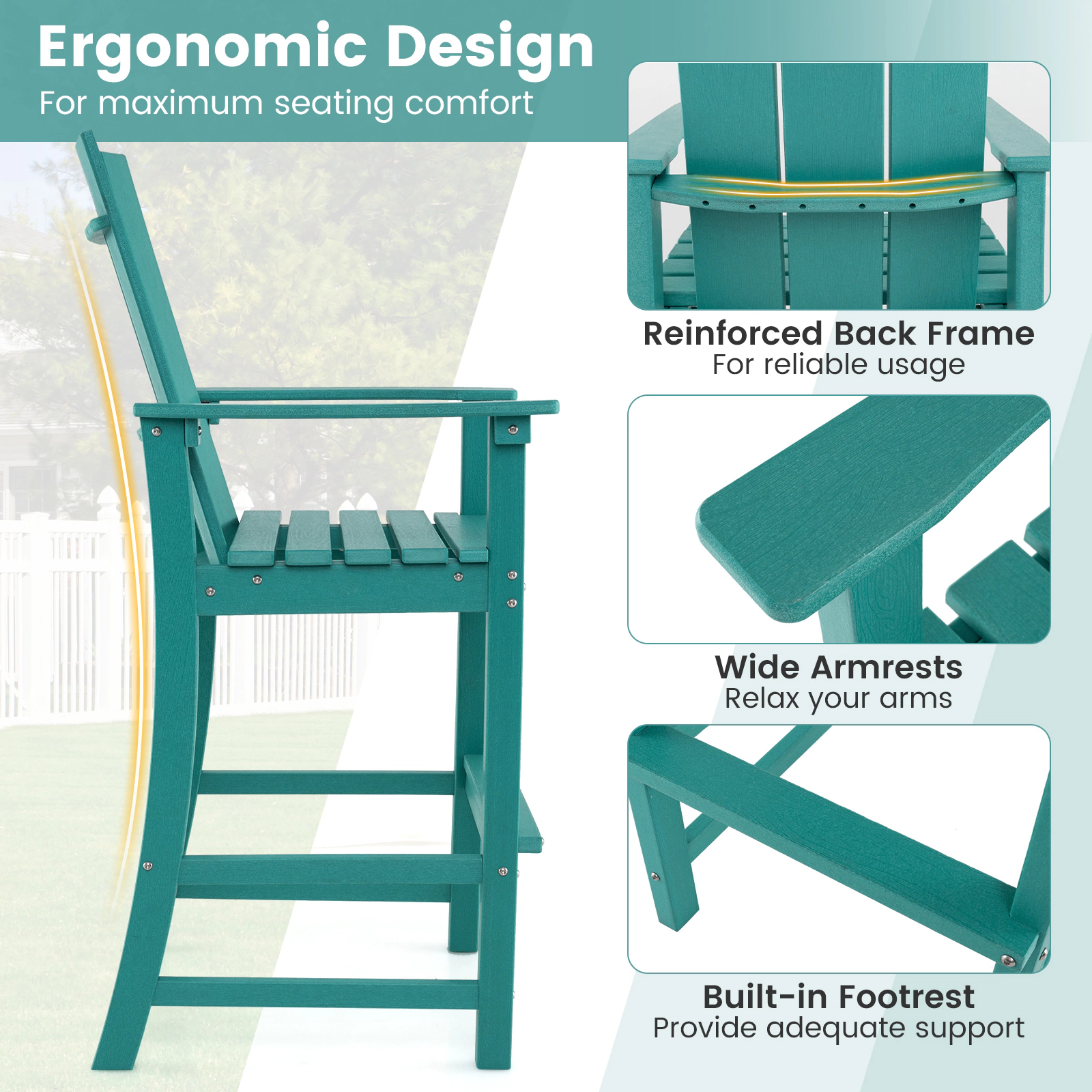 SUGIFT Turquoise HDPE Adirondack Outdoor Bar Stool, 30-in Seat, Footrest and Wide Armrests