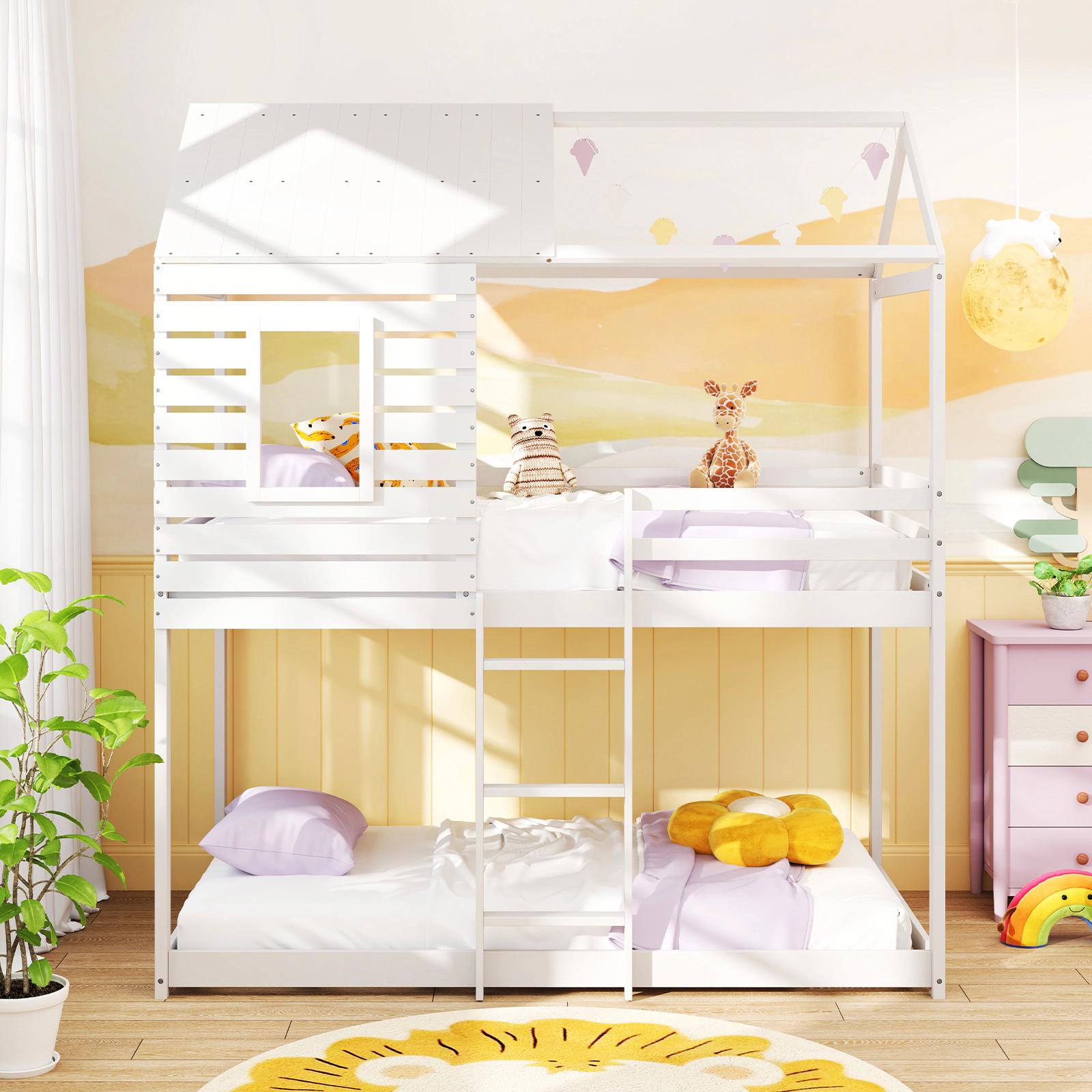SUGIFT Twin-Over-Twin House Bunk Bed, Solid Pine Wood, Roof, Front Window, White