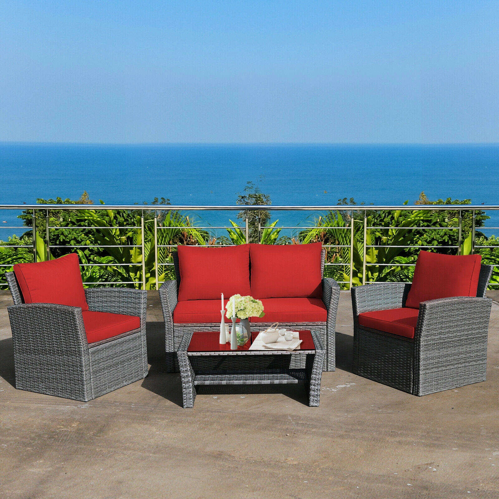 SUGIFT 4-Piece 800-lb Capacity Red Cushioned Rattan Outdoor Patio Sofa Set with Loveseat and Storage Table