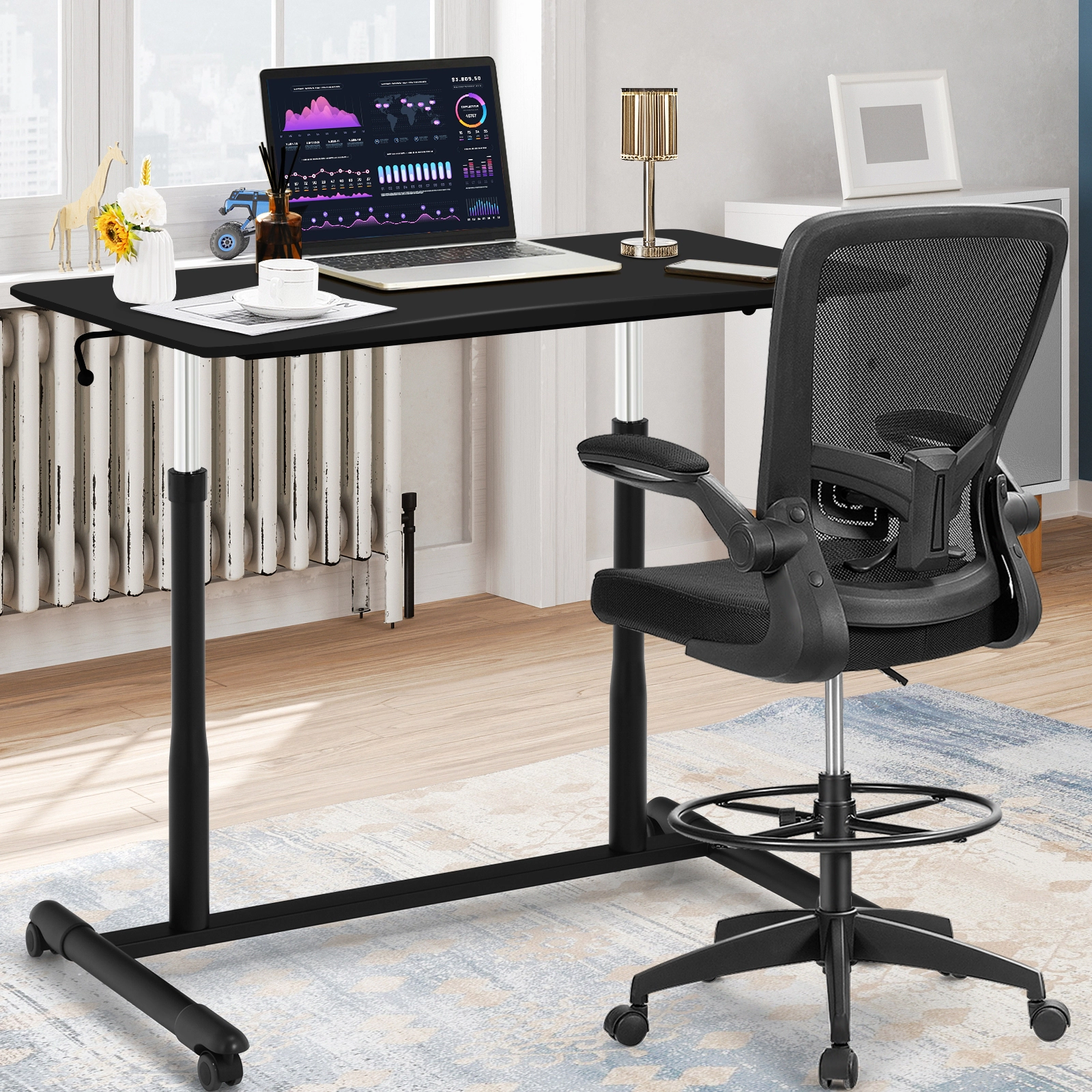 SUGIFT Height Adjustable Rolling Computer Desk 66-lb Capacity 37.5-in Work Surface Black White Brown Natural