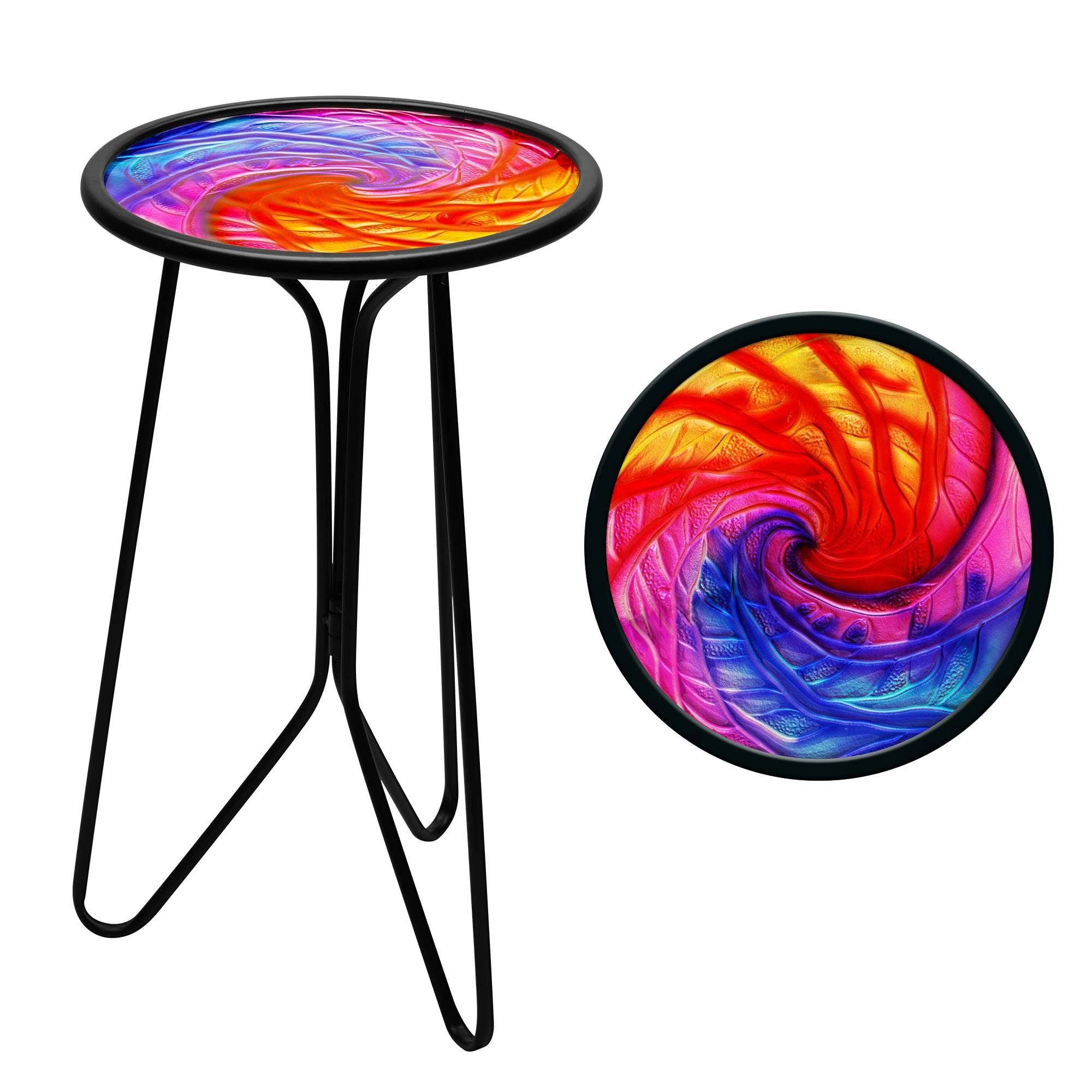 G128 12 in Round Glass Outdoor Side Table, Multicolor Pattern - Foldable Anti-Rust Metal Plant Stand