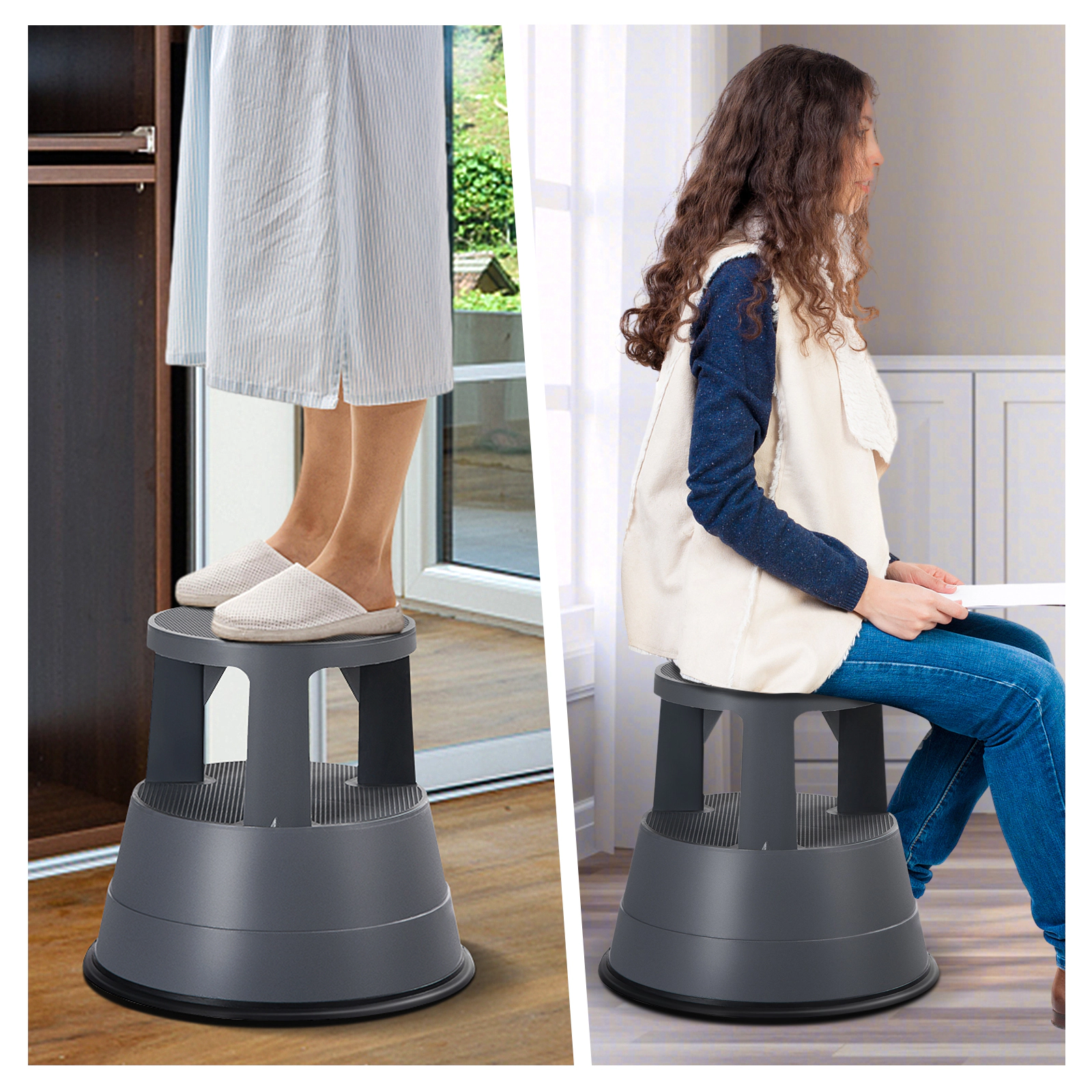 SUGIFT Rolling Step Stool Non-Slip PP Platform Spring Loaded Wheels 330-lb Capacity 14.5 x 16.5-in 7.5-in Lower Gray